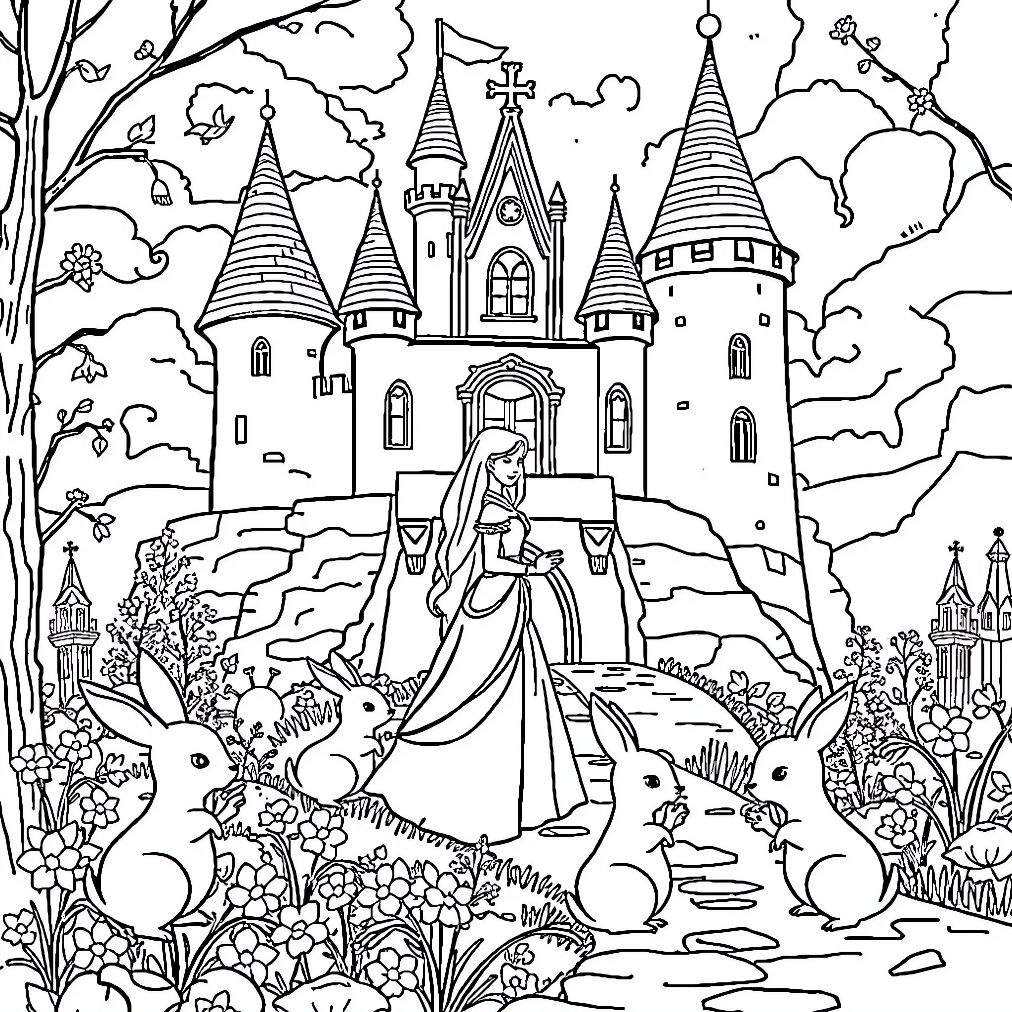 Princess in the enchanted castle garden Coloring Page (free black-and-white line drawing printable PDF for all, from beginners to advanced learners, including children, teens, adults, and seniors)
