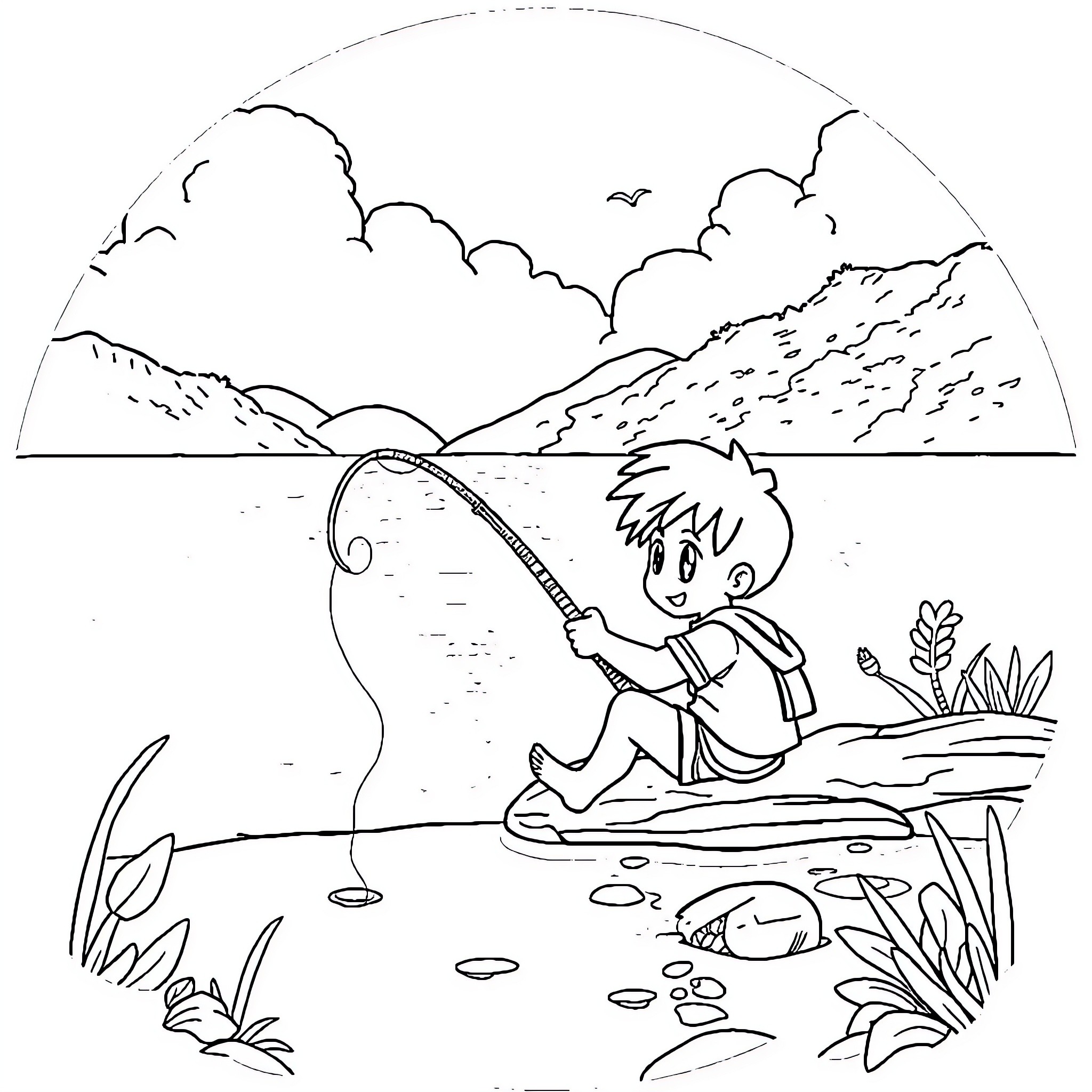Deku fishing in a peaceful landscape Coloring Page (free black-and-white line drawing printable PDF for all, from beginners to advanced learners, including children, teens, adults, and seniors)