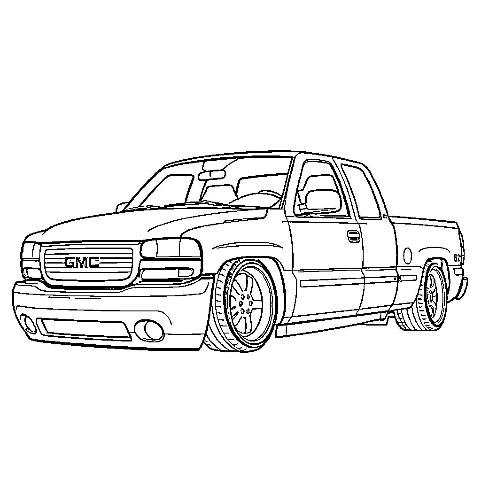 GMC Sierra Pickup Truck in Detailed Outline Coloring Page (free black-and-white line drawing printable PDF for all, from beginners to advanced learners, including children, teens, adults, and seniors)