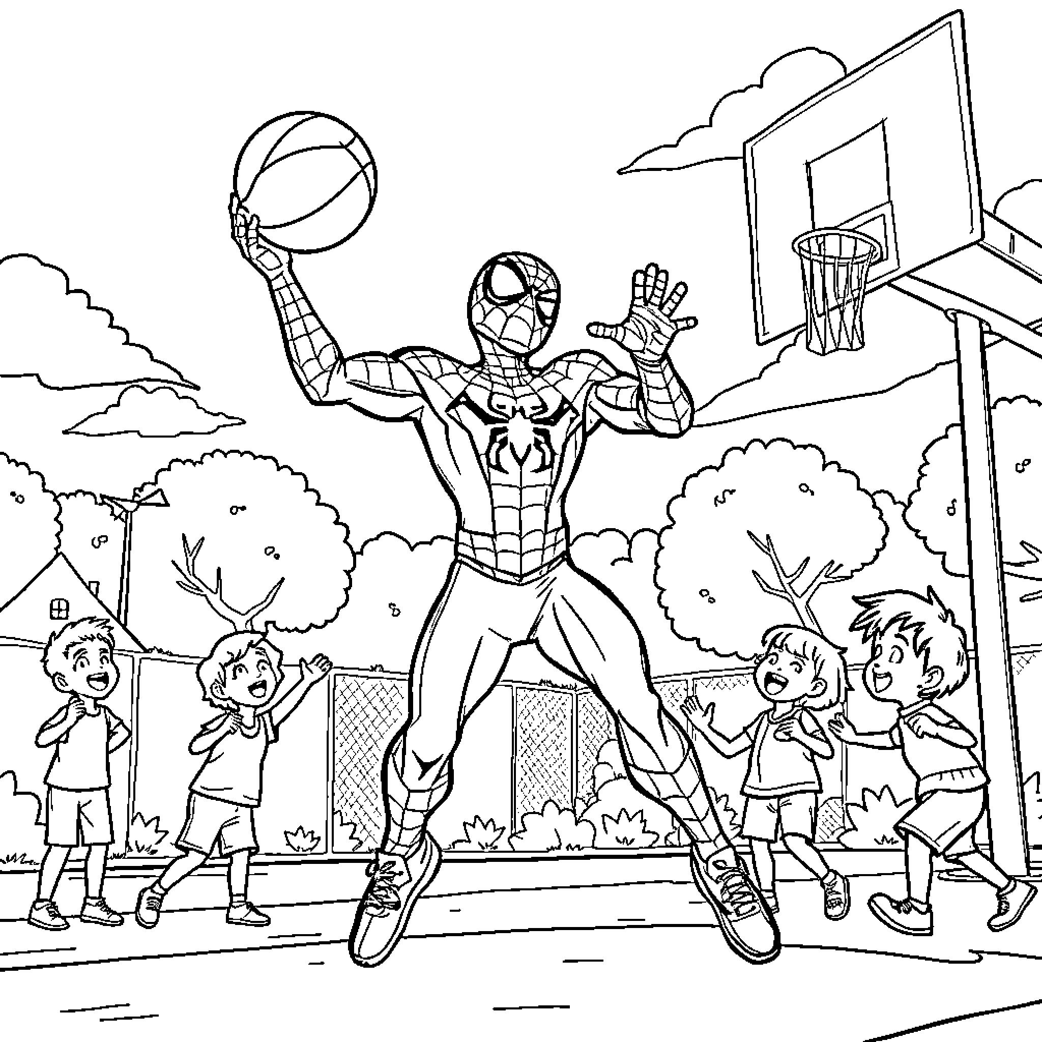 Spiderman Playing Basketball with Children Coloring Page (free black-and-white line drawing printable PDF for all, from beginners to advanced learners, including children, teens, adults, and seniors)