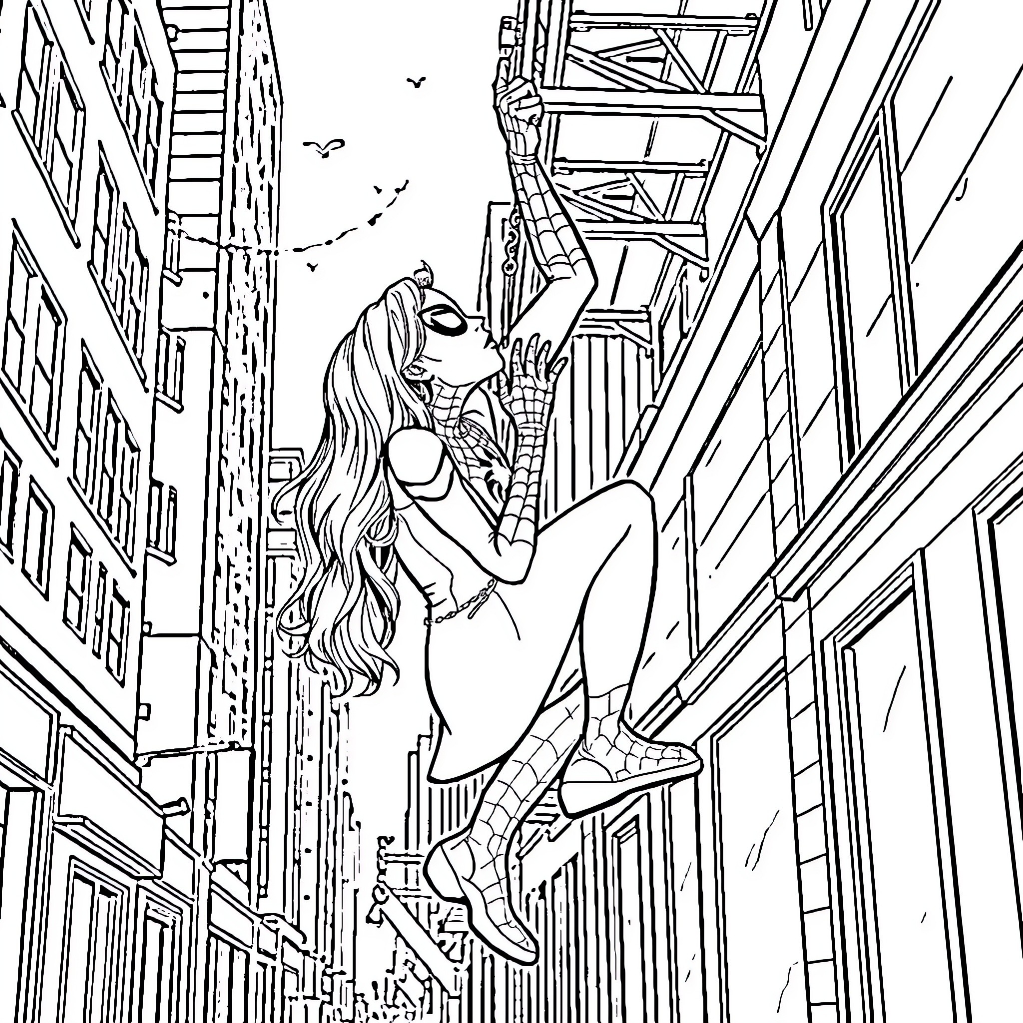 Spiderman leaping through the city streets Coloring Page (free black-and-white line drawing printable PDF for all, from beginners to advanced learners, including children, teens, adults, and seniors)
