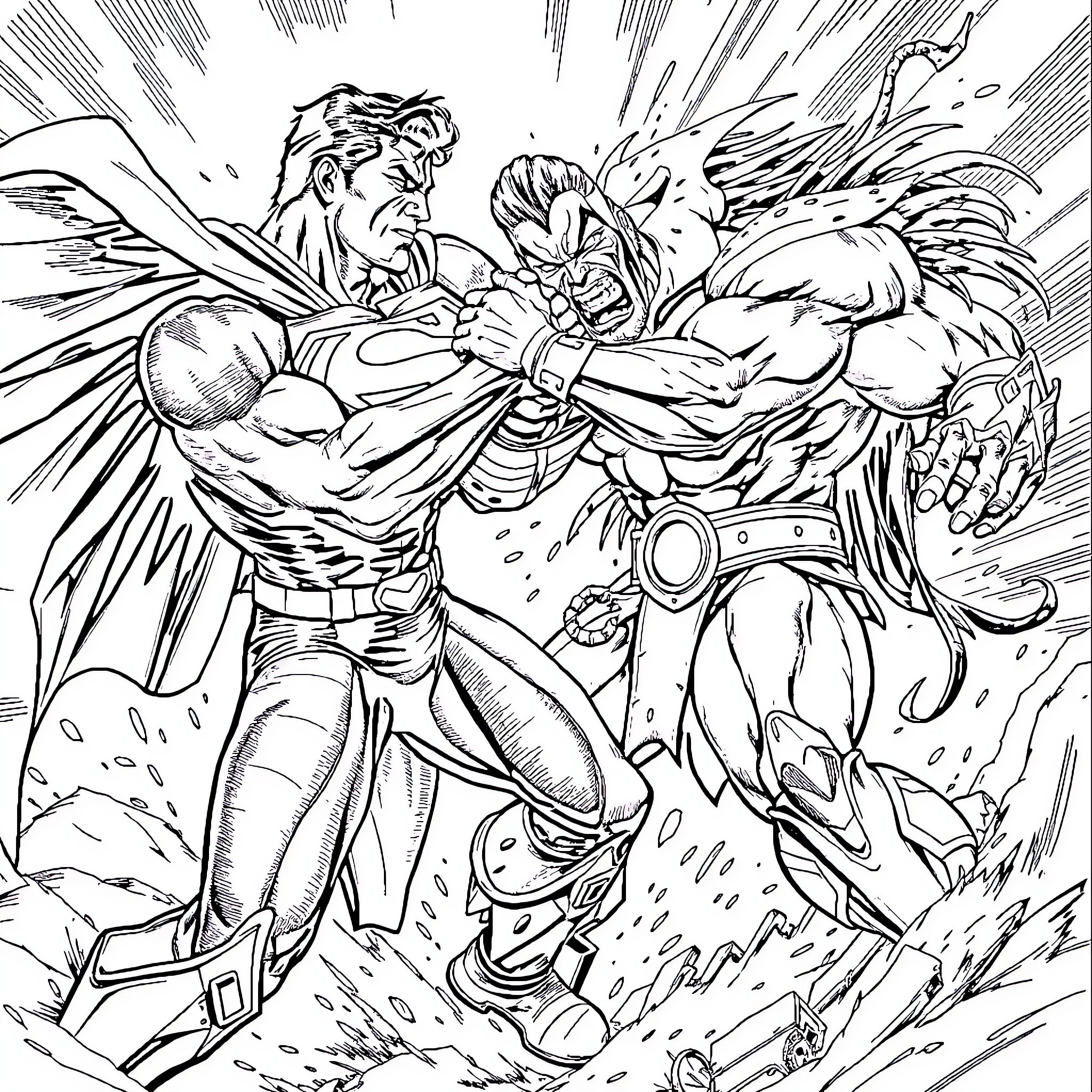 Superman in Intense Battle with Formidable Opponent Coloring Page (free black-and-white line drawing printable PDF for all, from beginners to advanced learners, including children, teens, adults, and seniors)
