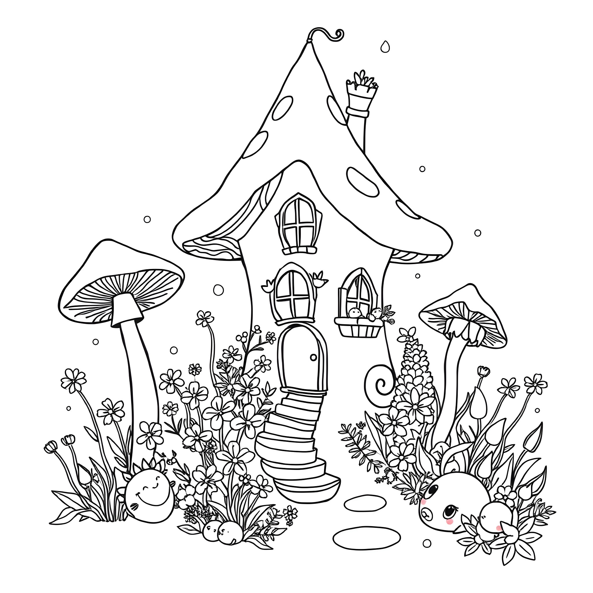 Fairy House in a Whimsical Garden Landscape Coloring Page (free black-and-white line drawing printable PDF for all, from beginners to advanced learners, including children, teens, adults, and seniors)