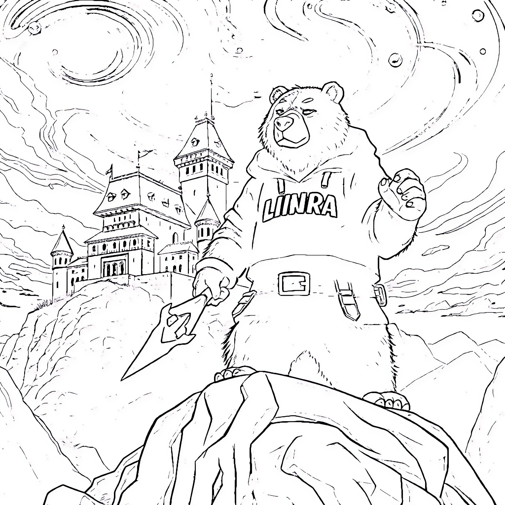 Bear standing on a cliff with a castle in the background Coloring Page (free black-and-white line drawing printable PDF for all, from beginners to advanced learners, including children, teens, adults, and seniors)