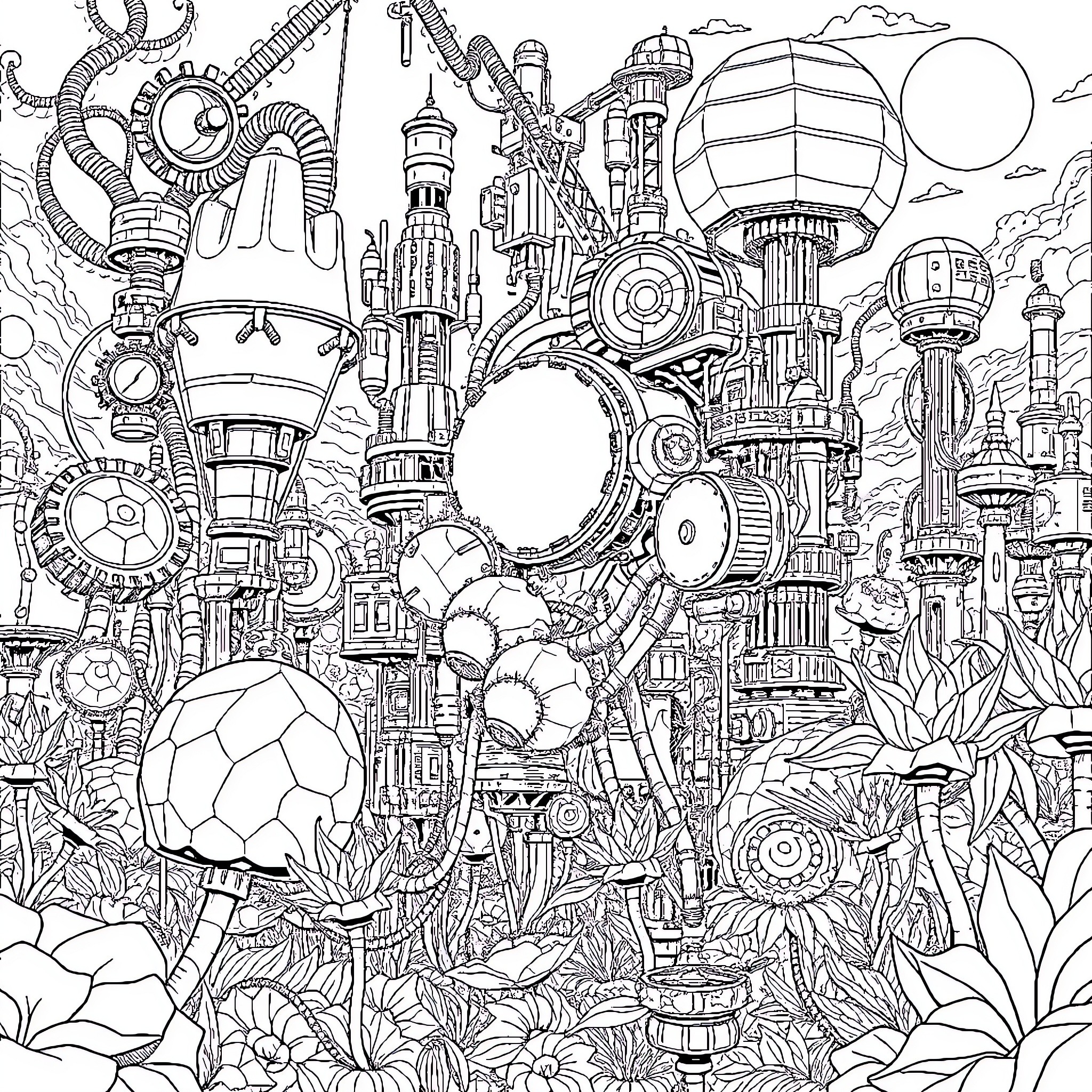Alien landscape with futuristic architecture and bizarre structures Coloring Page (free black-and-white line drawing printable PDF for all, from beginners to advanced learners, including children, teens, adults, and seniors)
