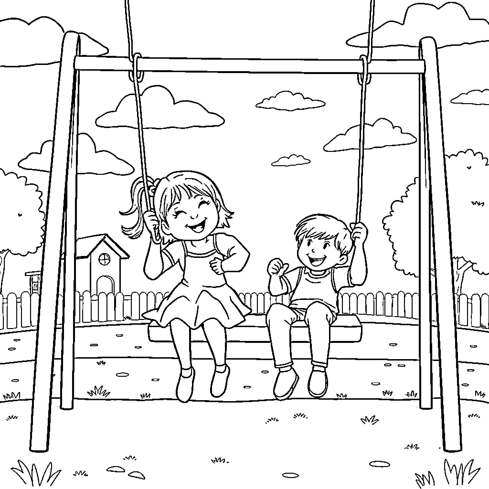 Child playing happily on swing set outdoors Coloring Page (free black-and-white line drawing printable PDF for all, from beginners to advanced learners, including children, teens, adults, and seniors)