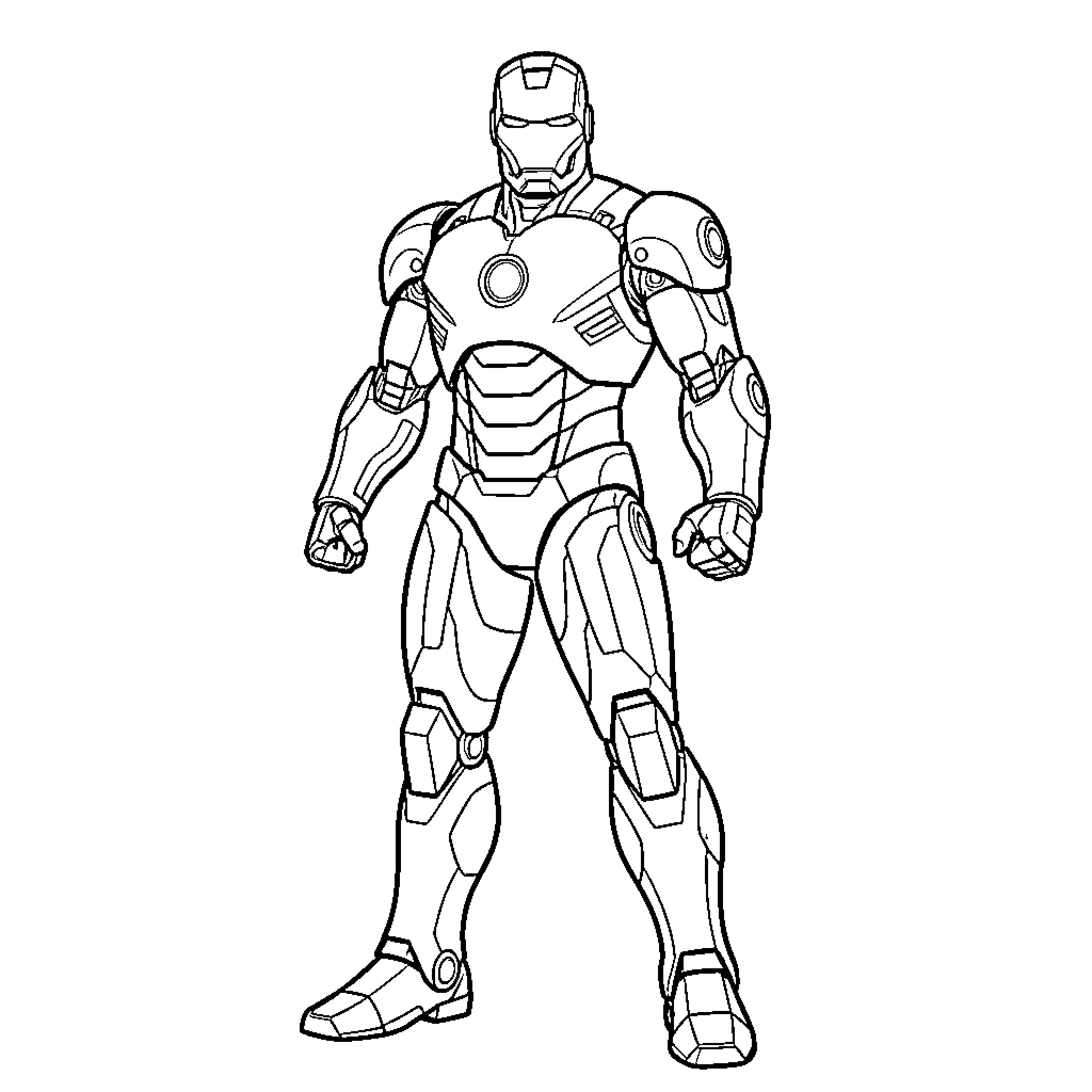 Iron Man standing in a powerful heroic pose Coloring Page (free black-and-white line drawing printable PDF for all, from beginners to advanced learners, including children, teens, adults, and seniors)