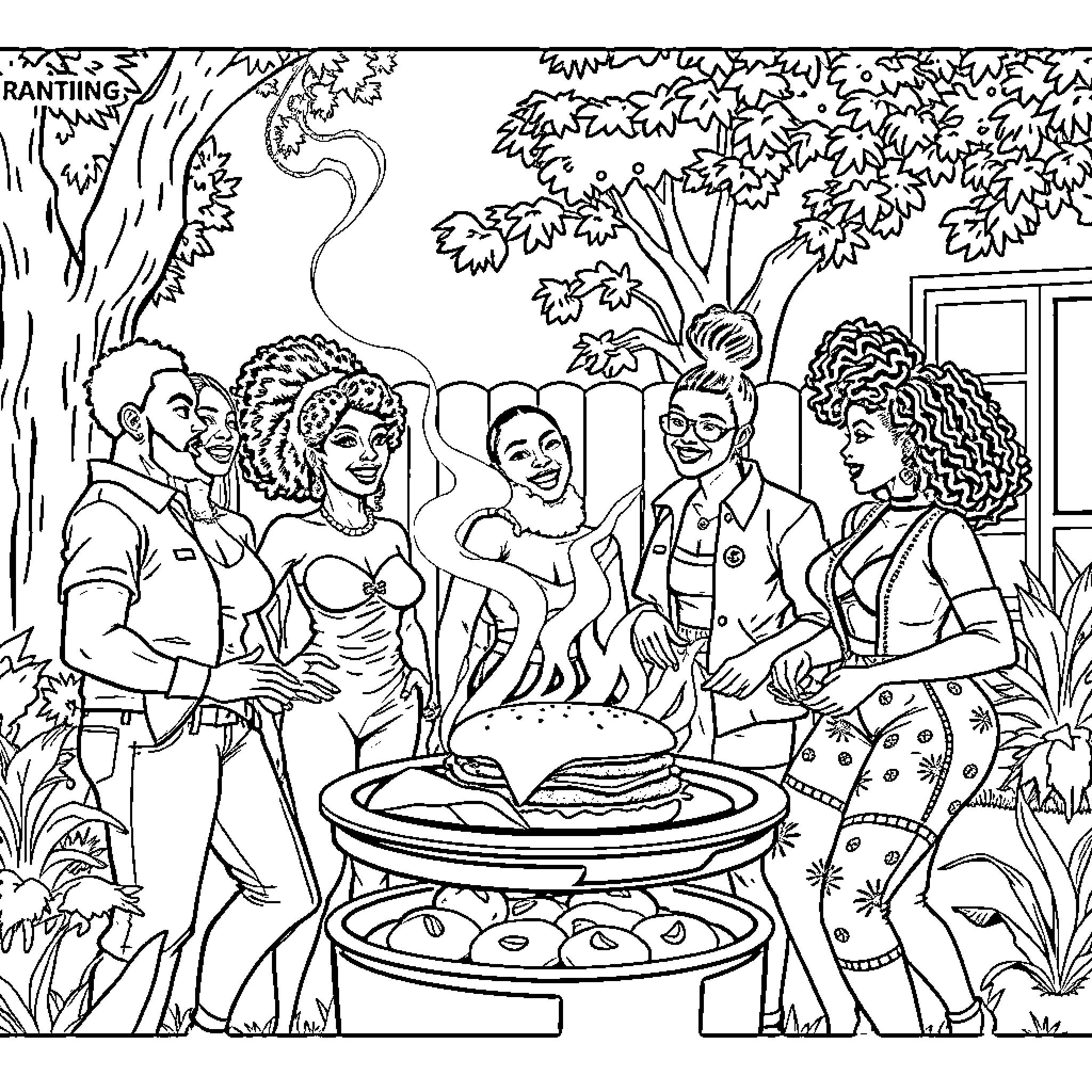 Sin Celebrating Joyfully with Friends Outdoors Coloring Page (free black-and-white line drawing printable PDF for all, from beginners to advanced learners, including children, teens, adults, and seniors)