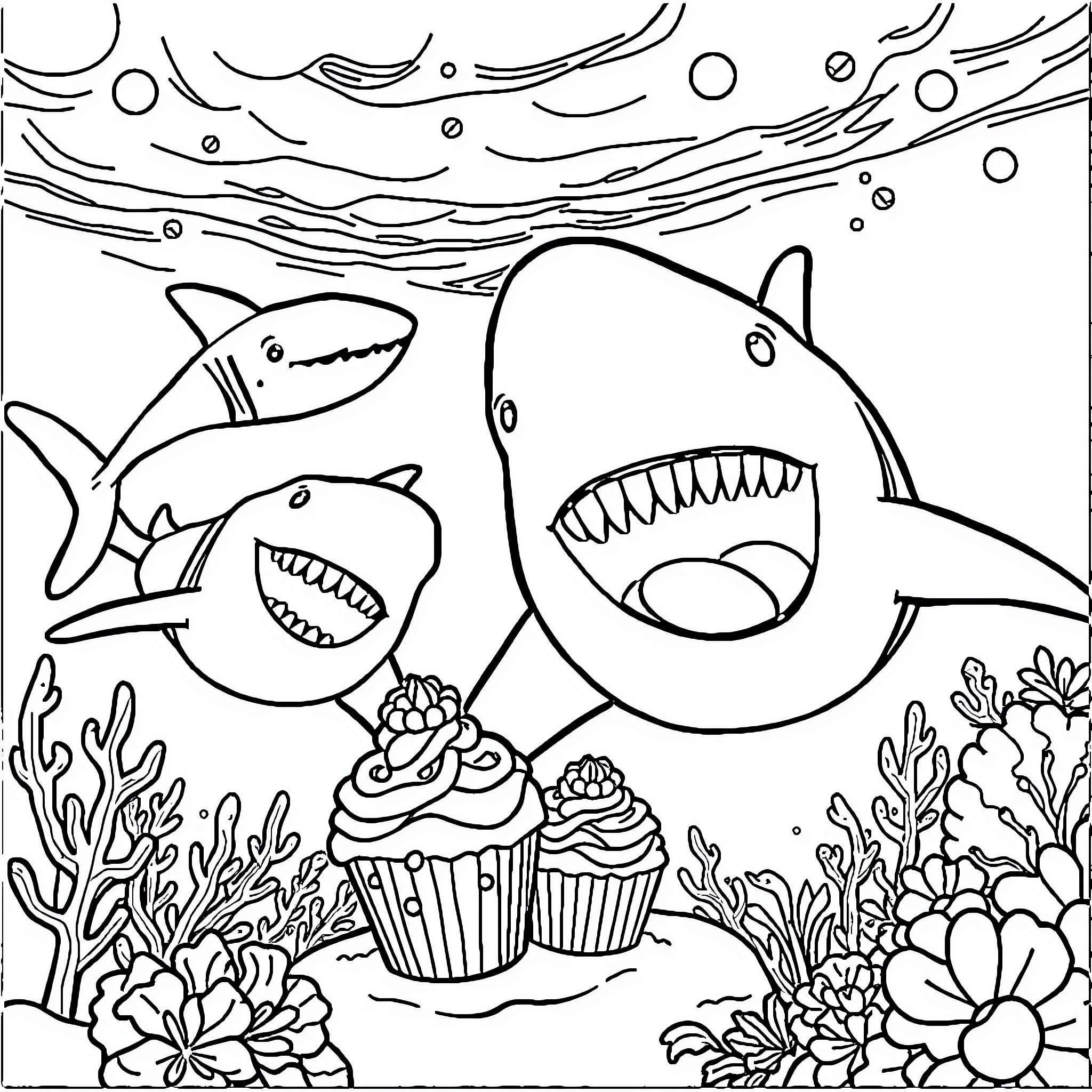 Sharks with Cupcakes in Underwater Scene Coloring Page (free black-and-white line drawing printable PDF for all, from beginners to advanced learners, including children, teens, adults, and seniors)