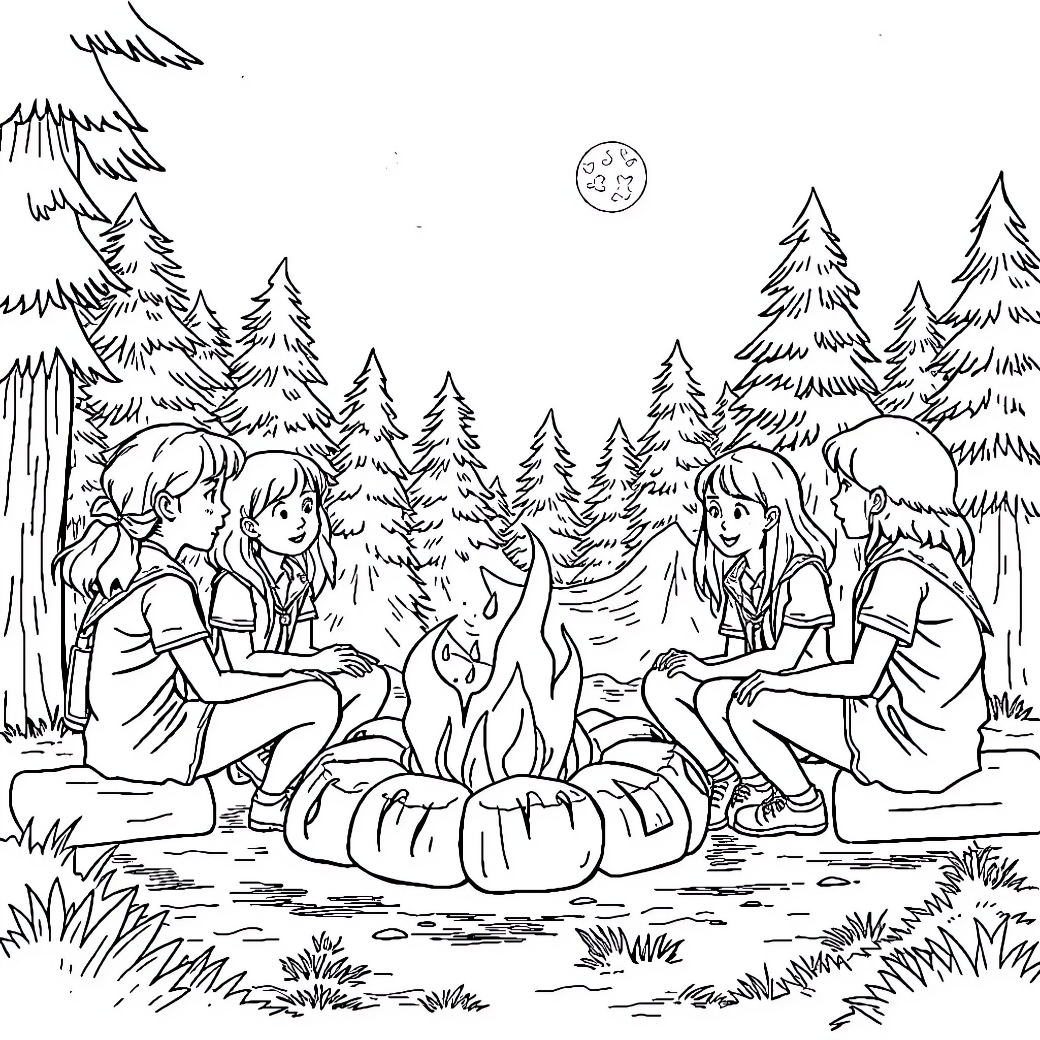 Girl Scouts Gather Around Campfire in Forest Coloring Page (free black-and-white line drawing printable PDF for all, from beginners to advanced learners, including children, teens, adults, and seniors)