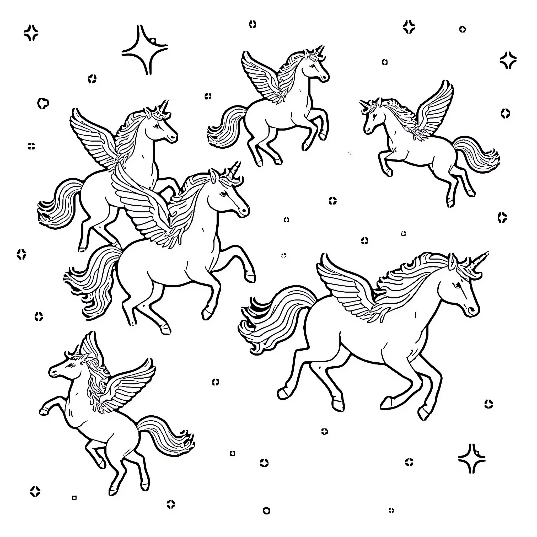 Unicorn Creatures Soaring and Galloping Through the Cosmos Coloring Page (free black-and-white line drawing printable PDF for all, from beginners to advanced learners, including children, teens, adults, and seniors)