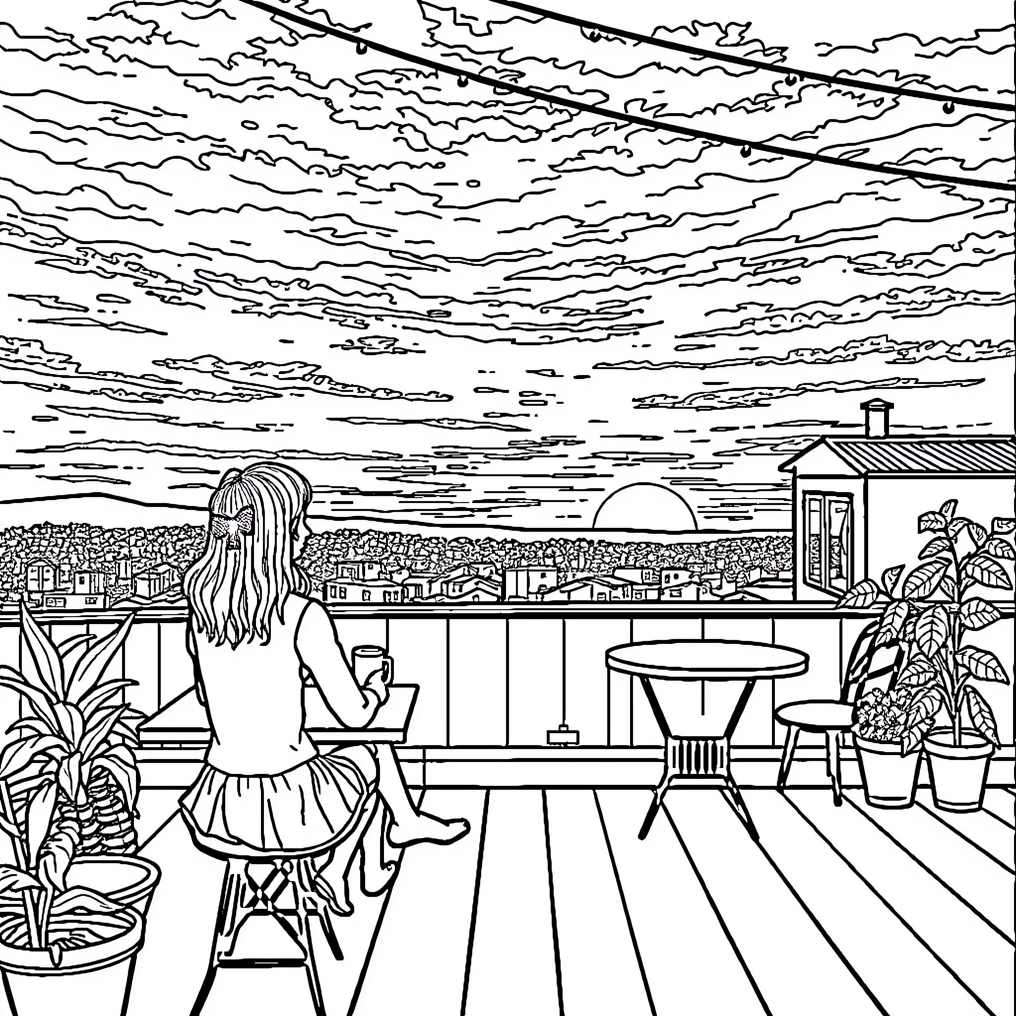 Girl sitting alone on a balcony overlooking the city Coloring Page (free black-and-white line drawing printable PDF for all, from beginners to advanced learners, including children, teens, adults, and seniors)