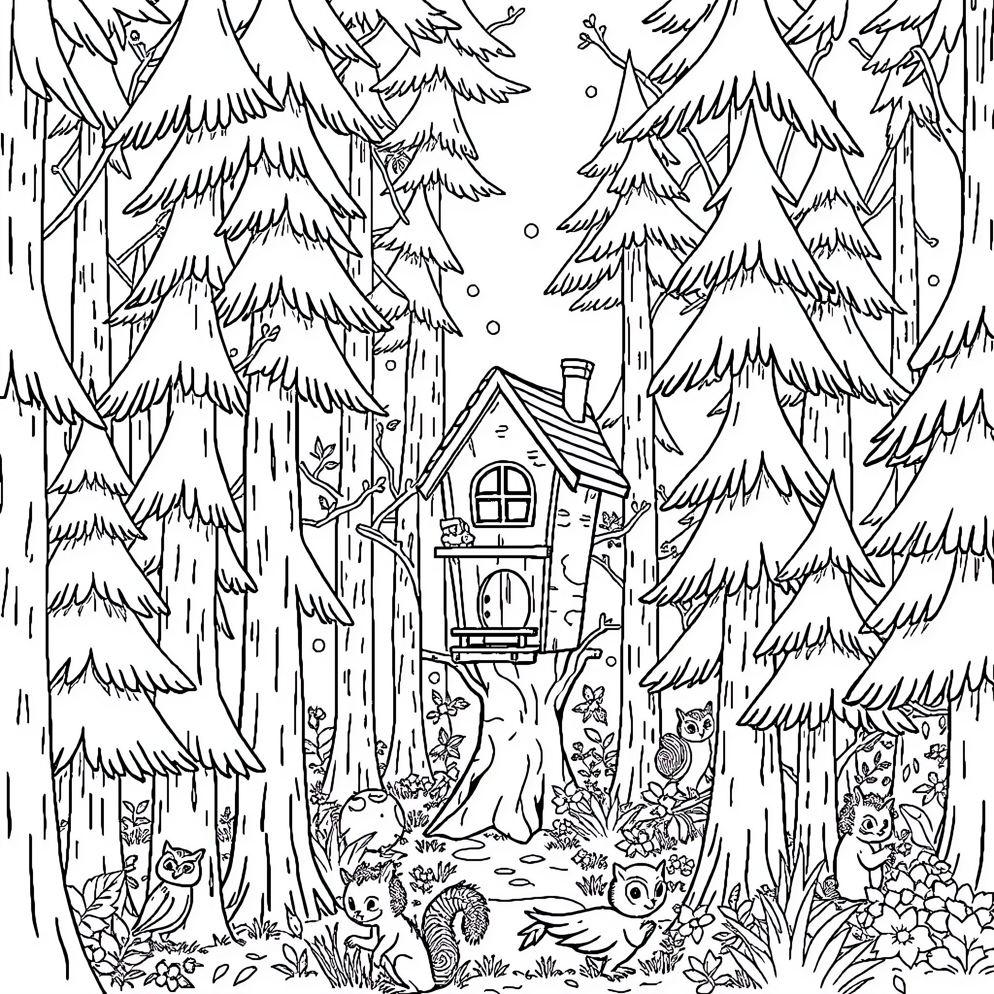 Forest Creatures Exploring Cozy Cabin in Snowy Woodland Coloring Page (free black-and-white line drawing printable PDF for all, from beginners to advanced learners, including children, teens, adults, and seniors)