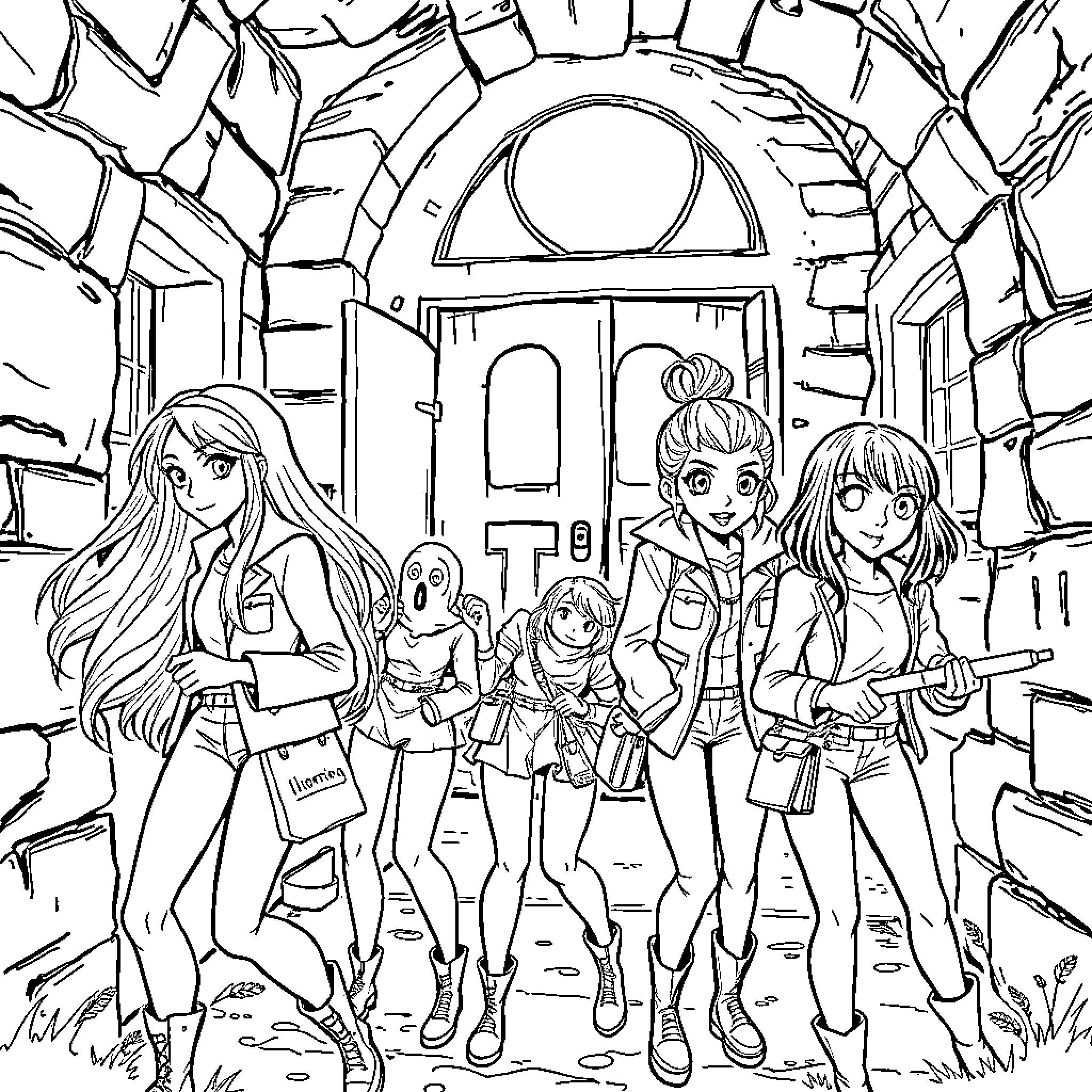 Ghost Hunter: Anime-style Characters Investigate Mysterious Ruins Coloring Page (free black-and-white line drawing printable PDF for all, from beginners to advanced learners, including children, teens, adults, and seniors)