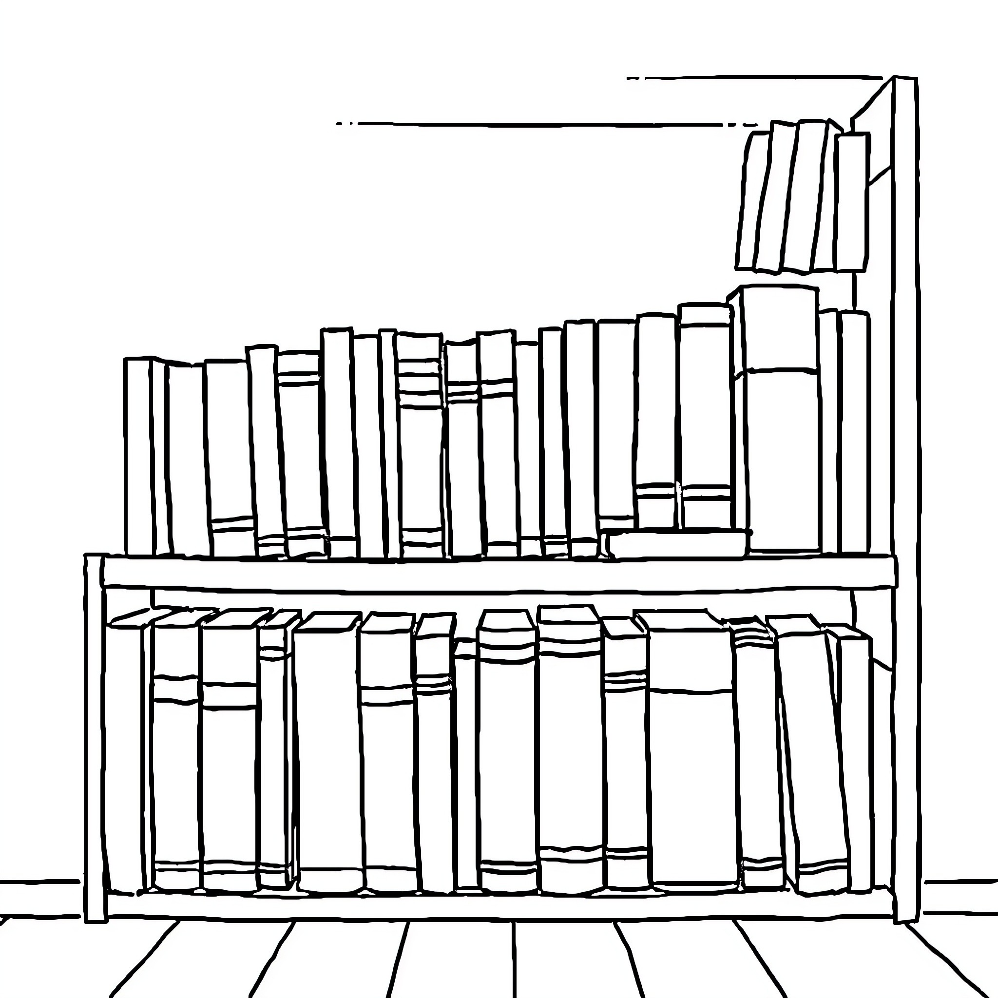 Book Shelves with Various Volumes Coloring Page (free black-and-white line drawing printable PDF for all, from beginners to advanced learners, including children, teens, adults, and seniors)