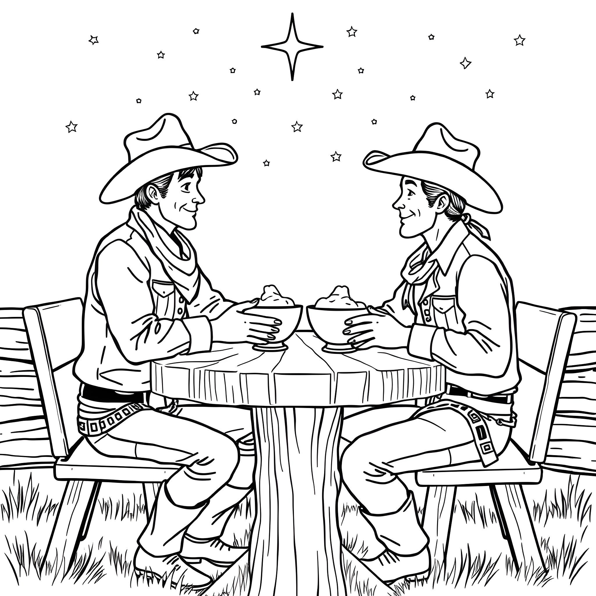 Cowboy friends sharing a meal under the stars Coloring Page (free black-and-white line drawing printable PDF for all, from beginners to advanced learners, including children, teens, adults, and seniors)