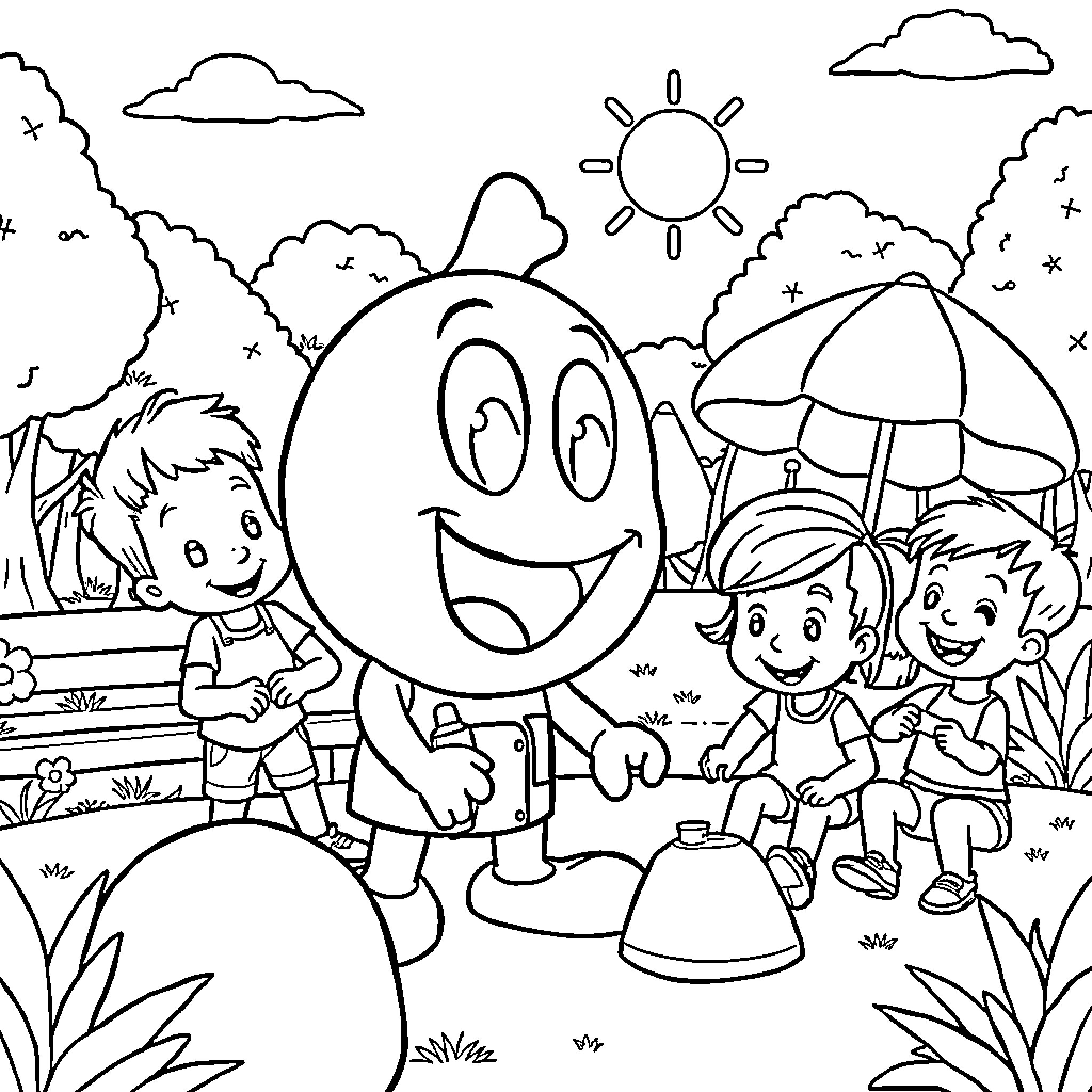 Diddy's Fun Day at the Park with Friends Coloring Page (free black-and-white line drawing printable PDF for all, from beginners to advanced learners, including children, teens, adults, and seniors)