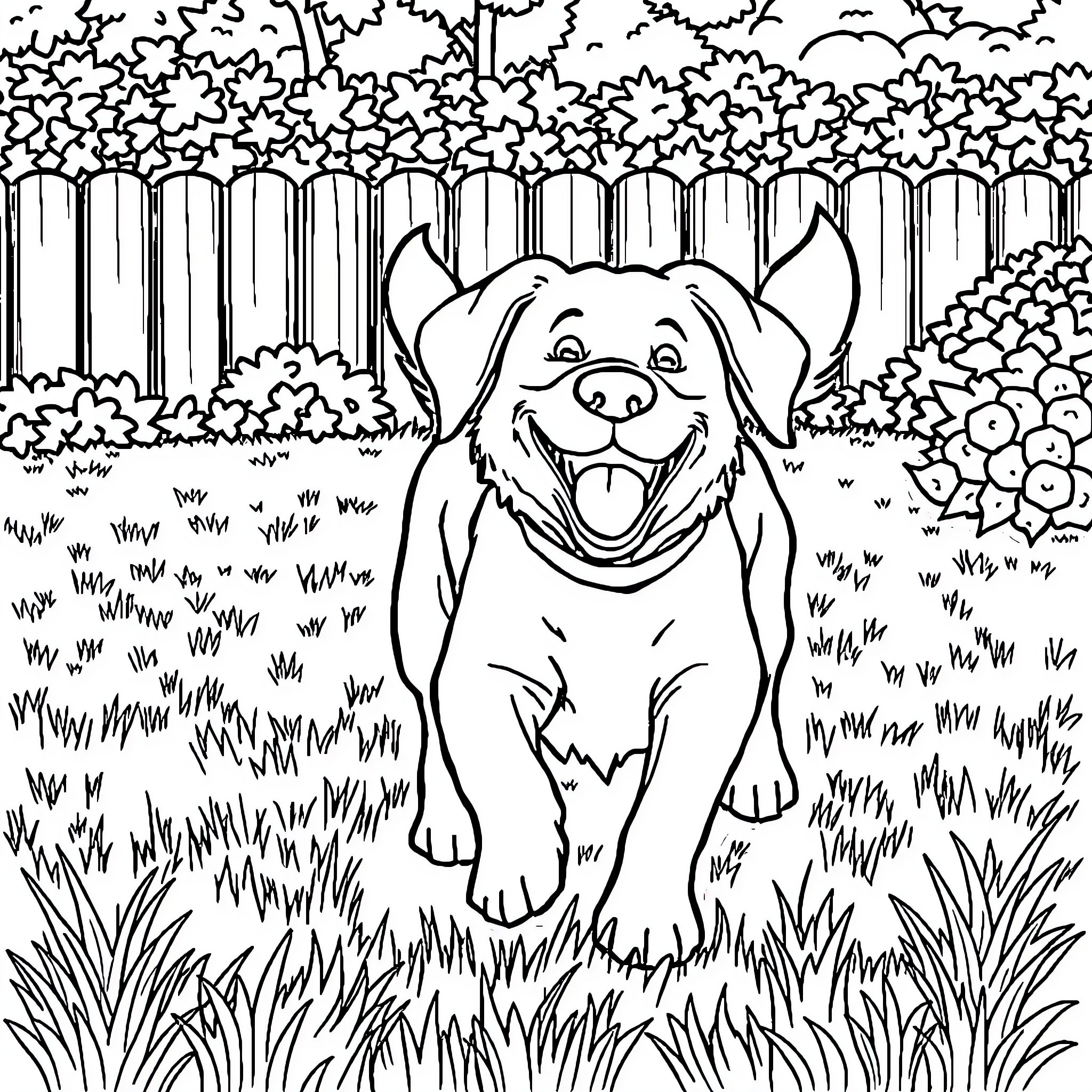 Dog running joyfully in the field Coloring Page (free black-and-white line drawing printable PDF for all, from beginners to advanced learners, including children, teens, adults, and seniors)
