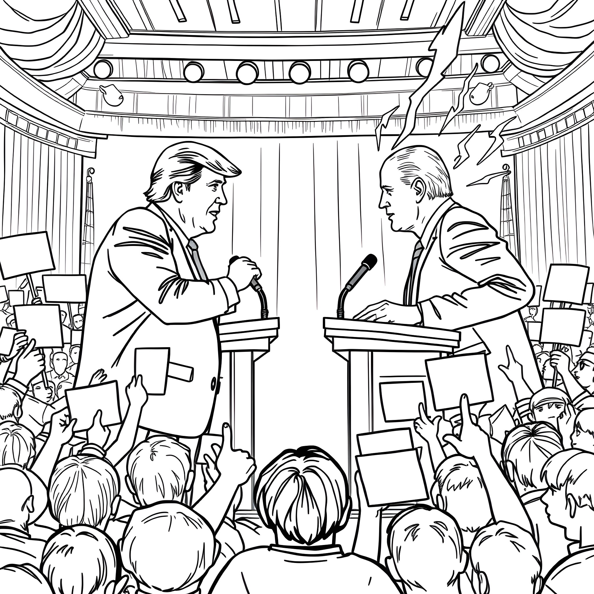 Trump and a political opponent in heated debate on stage Coloring Page (free black-and-white line drawing printable PDF for all, from beginners to advanced learners, including children, teens, adults, and seniors)