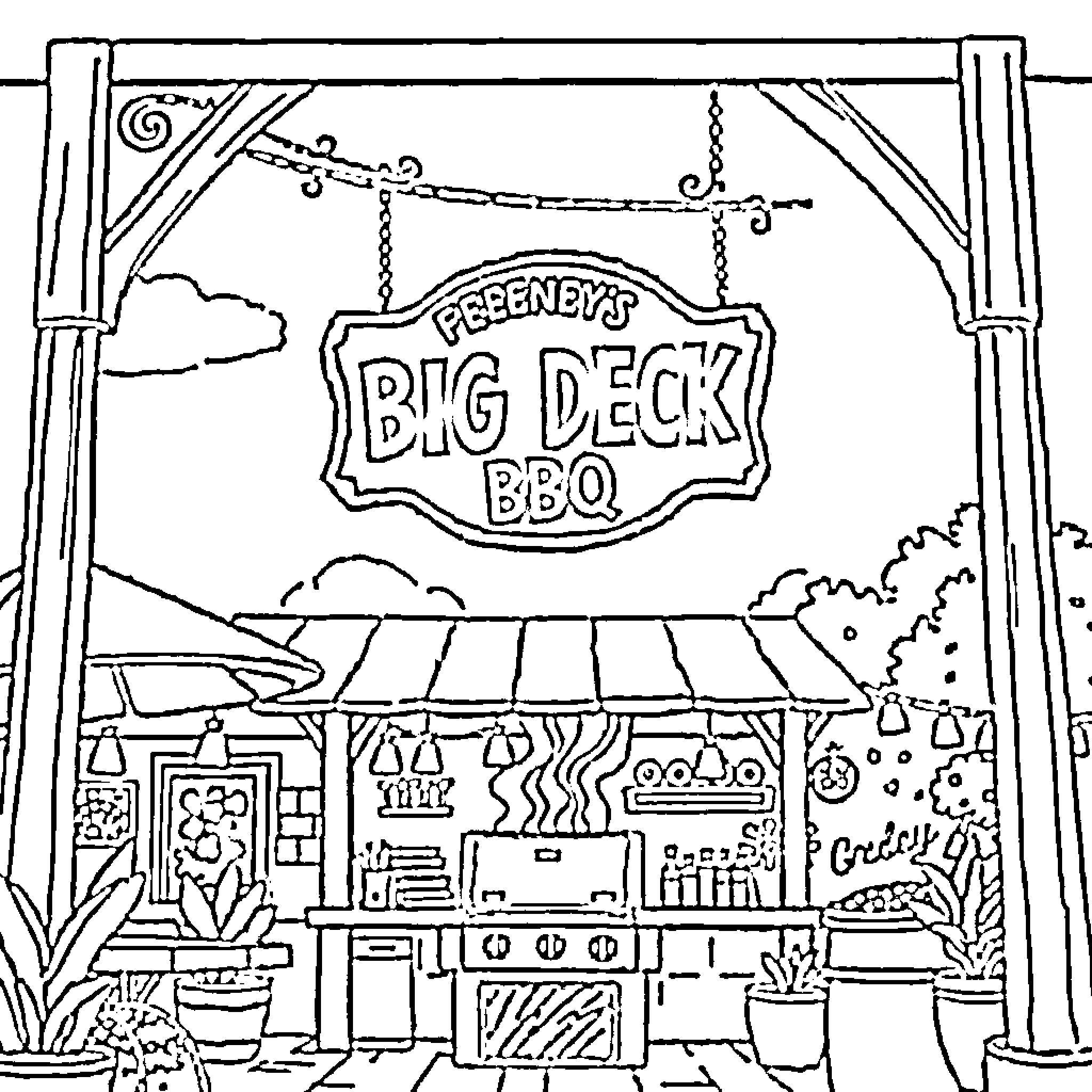 Sign for a Big Deck BBQ restaurant Coloring Page (free black-and-white line drawing printable PDF for all, from beginners to advanced learners, including children, teens, adults, and seniors)