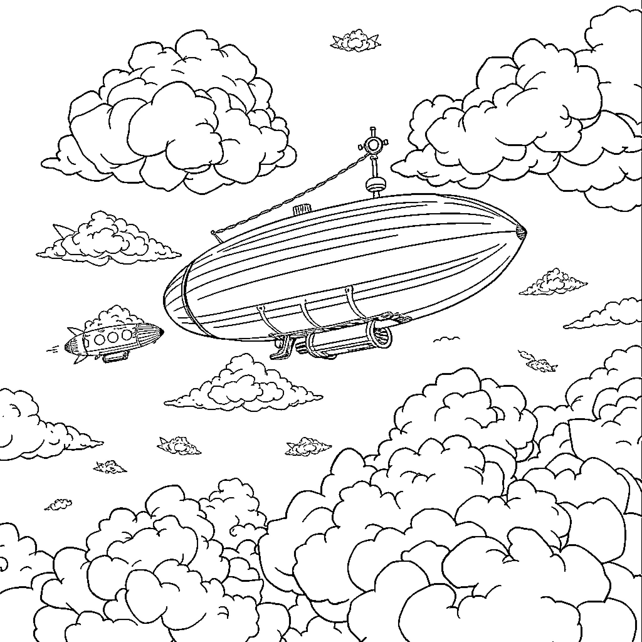 Steampunk airship soaring through cloudy skies Coloring Page (free black-and-white line drawing printable PDF for all, from beginners to advanced learners, including children, teens, adults, and seniors)