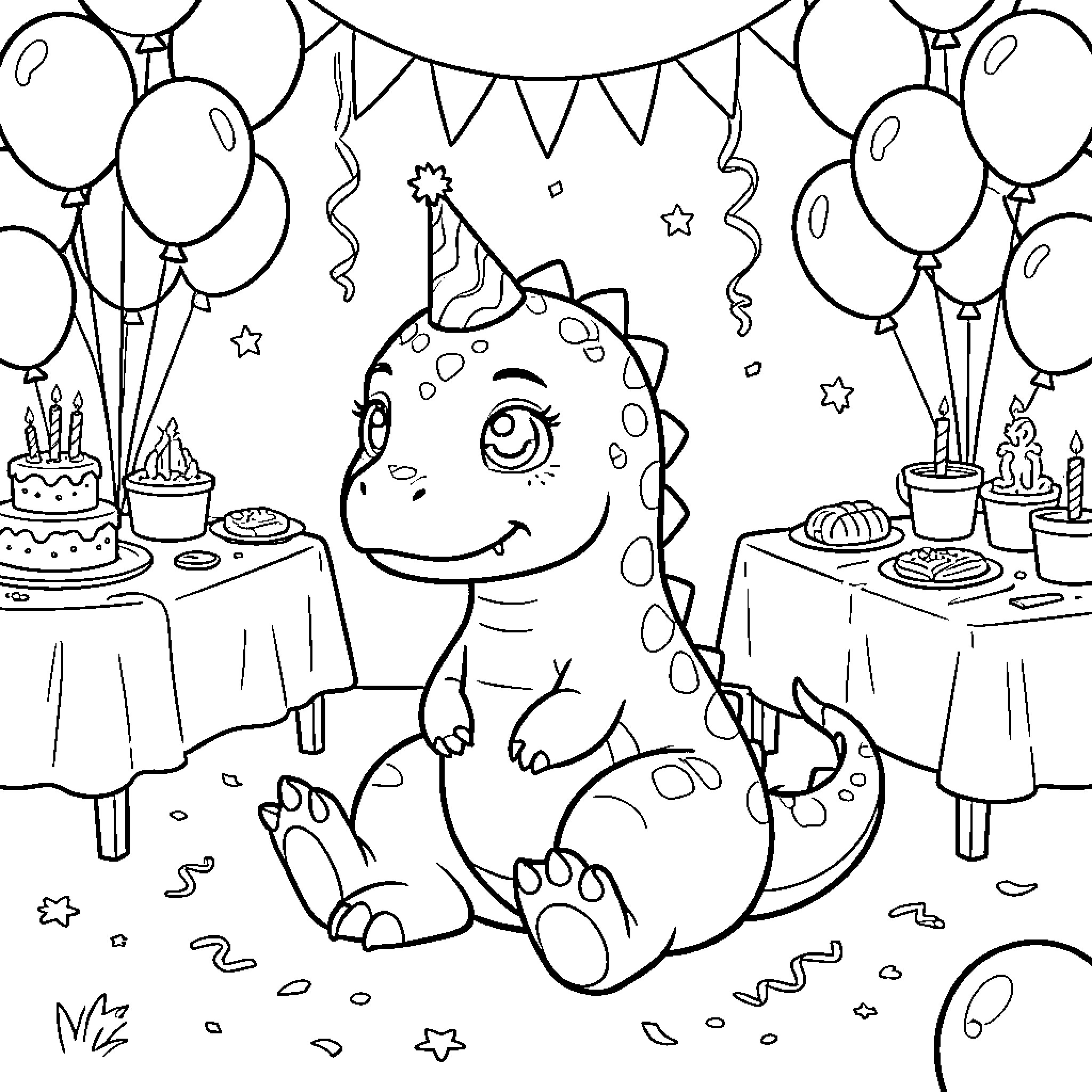 Dinosaur celebrating birthday party with balloons and cakes Coloring Page (free black-and-white line drawing printable PDF for all, from beginners to advanced learners, including children, teens, adults, and seniors)