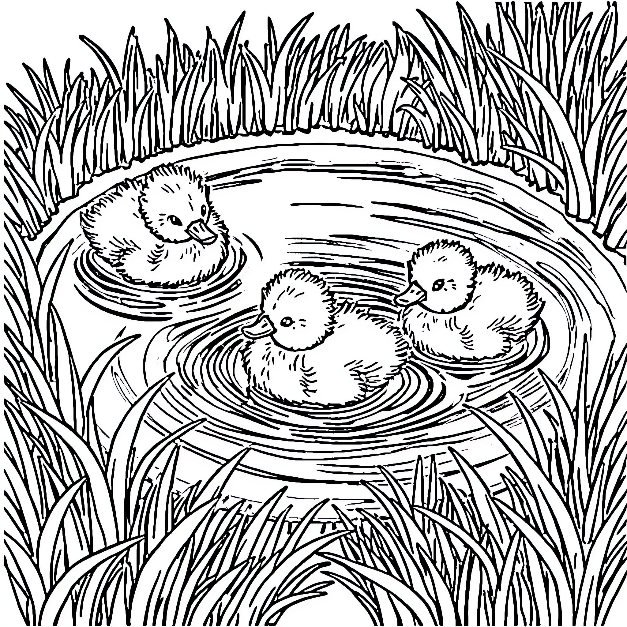 Duck ducklings swimming in pond surrounded by grass Coloring Page (free black-and-white line drawing printable PDF for all, from beginners to advanced learners, including children, teens, adults, and seniors)