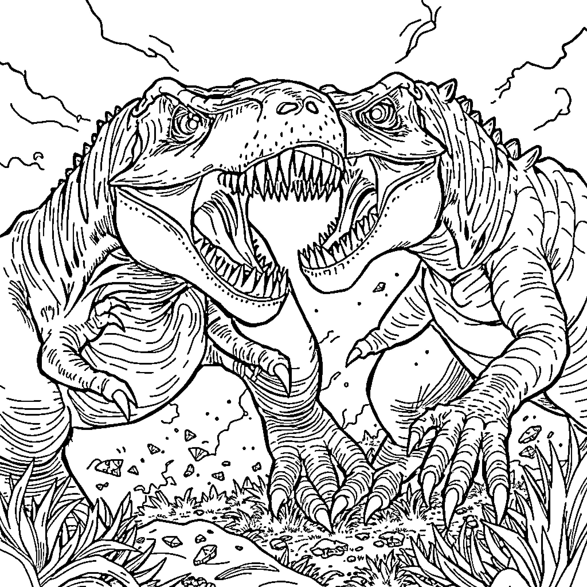 Dinosaur roaring fiercely in a prehistoric landscape Coloring Page (free black-and-white line drawing printable PDF for all, from beginners to advanced learners, including children, teens, adults, and seniors)