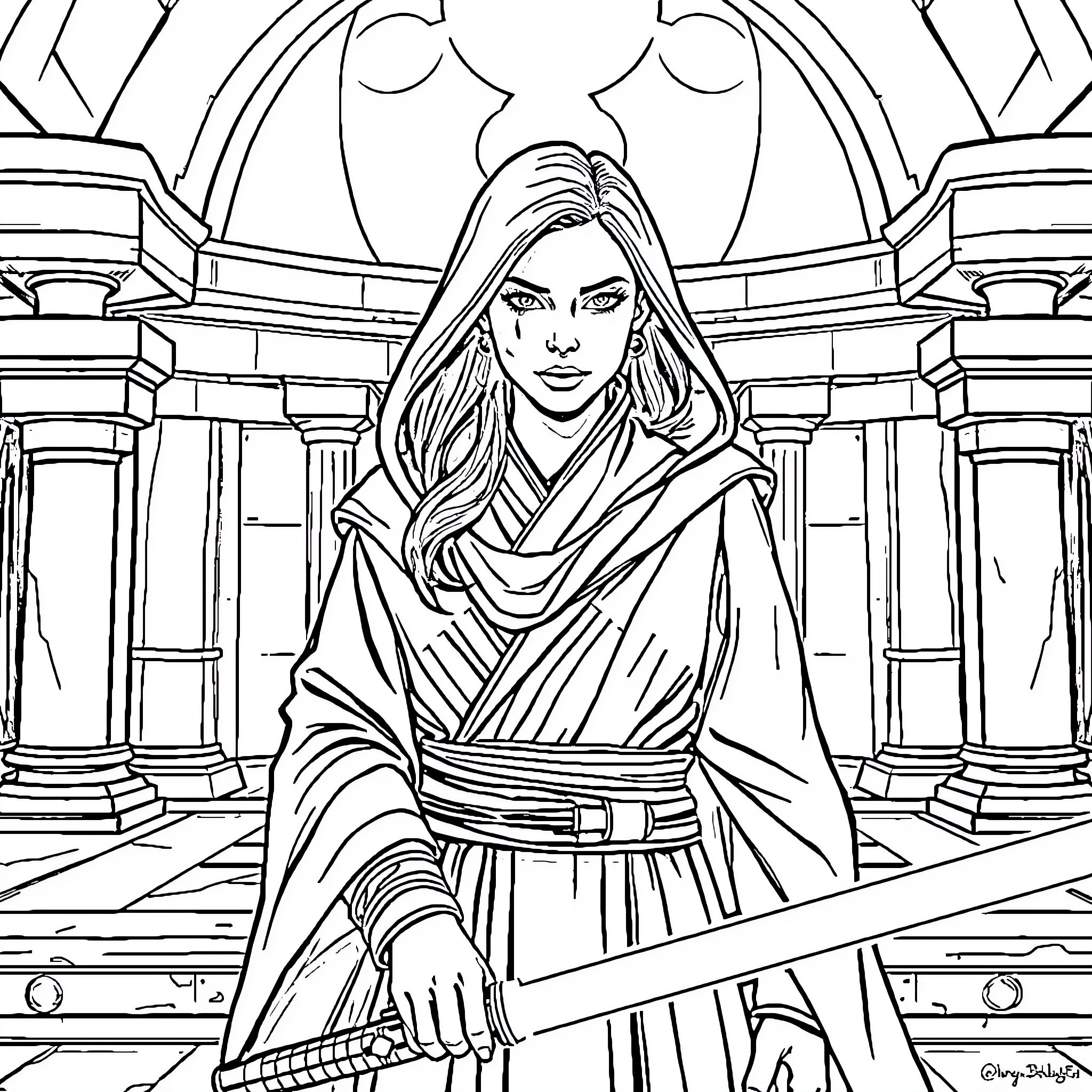 Barriss Offee wielding her lightsaber in a grand temple Coloring Page (free black-and-white line drawing printable PDF for all, from beginners to advanced learners, including children, teens, adults, and seniors)