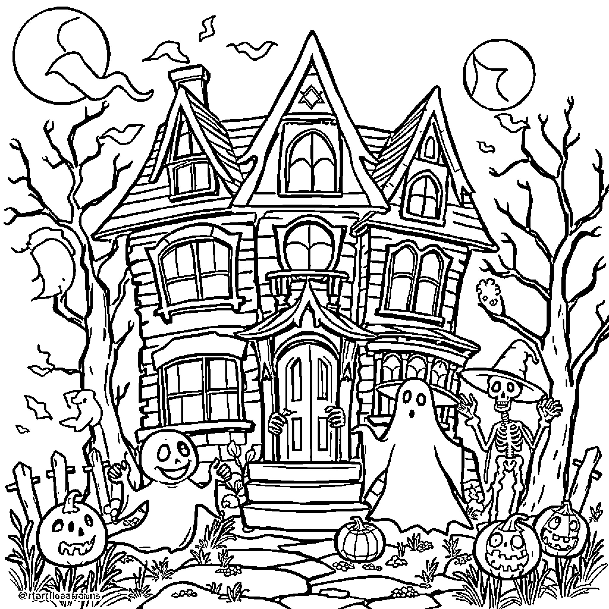 Haunted House with Spooky Figures and Decorations Coloring Page (free black-and-white line drawing printable PDF for all, from beginners to advanced learners, including children, teens, adults, and seniors)