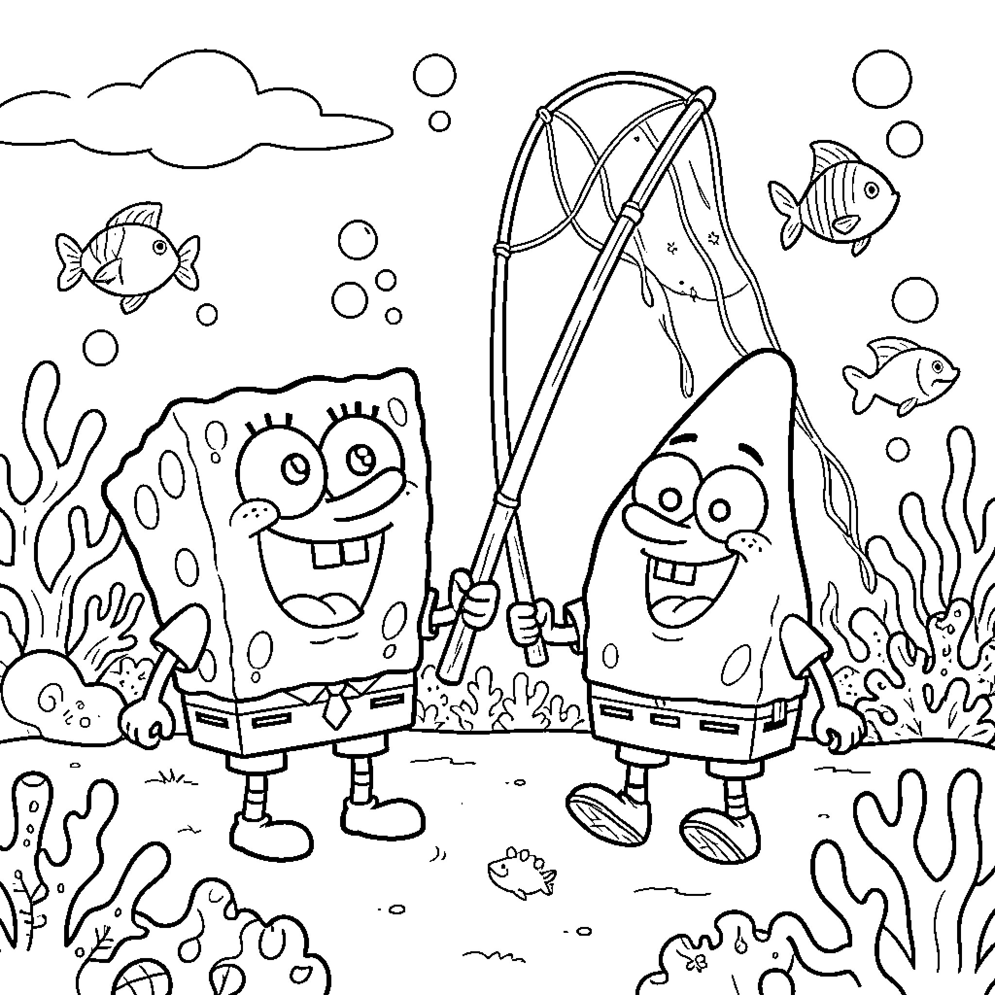 Spongebob and Patrick go fishing underwater Coloring Page (free black-and-white line drawing printable PDF for all, from beginners to advanced learners, including children, teens, adults, and seniors)