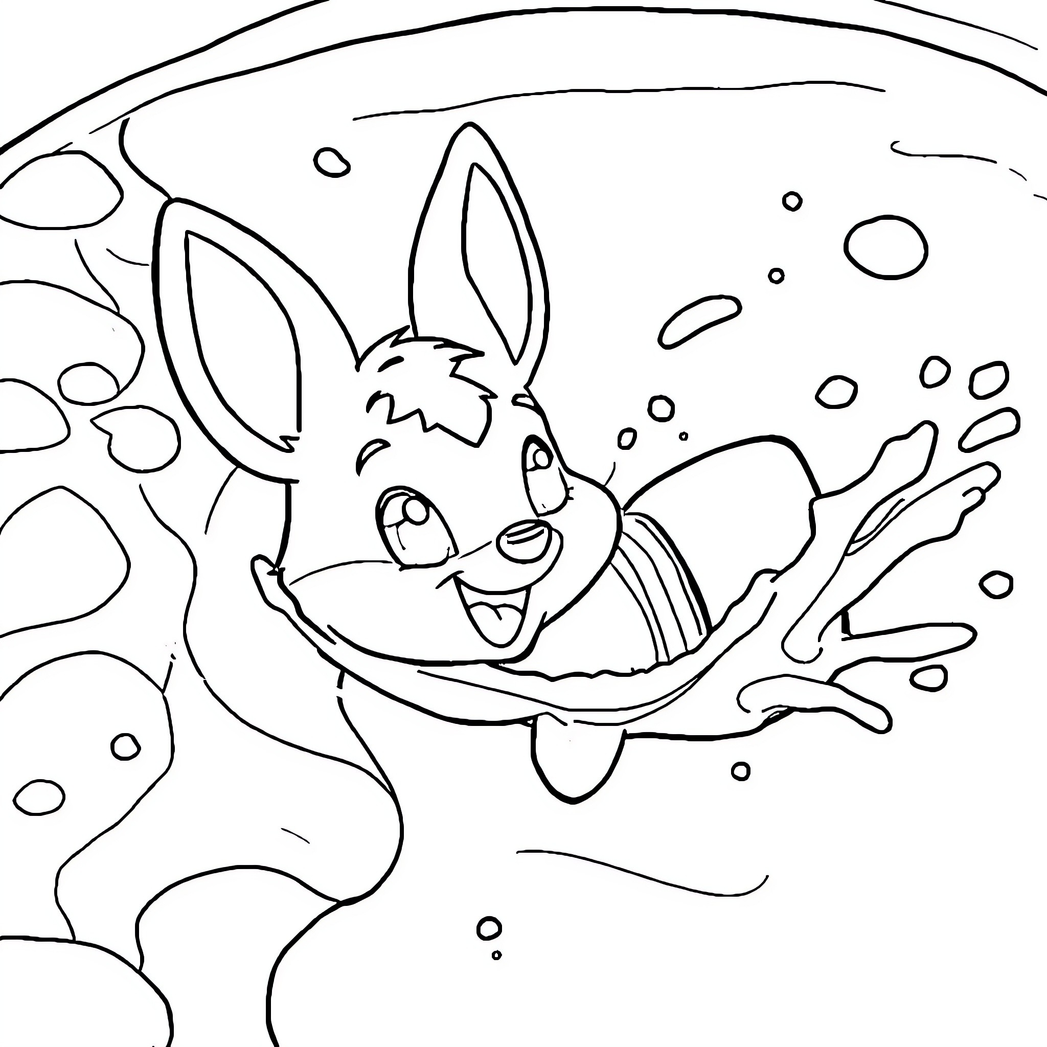 Evee the Playful Cartoon Character in the Underwater Scene Coloring Page (free black-and-white line drawing printable PDF for all, from beginners to advanced learners, including children, teens, adults, and seniors)