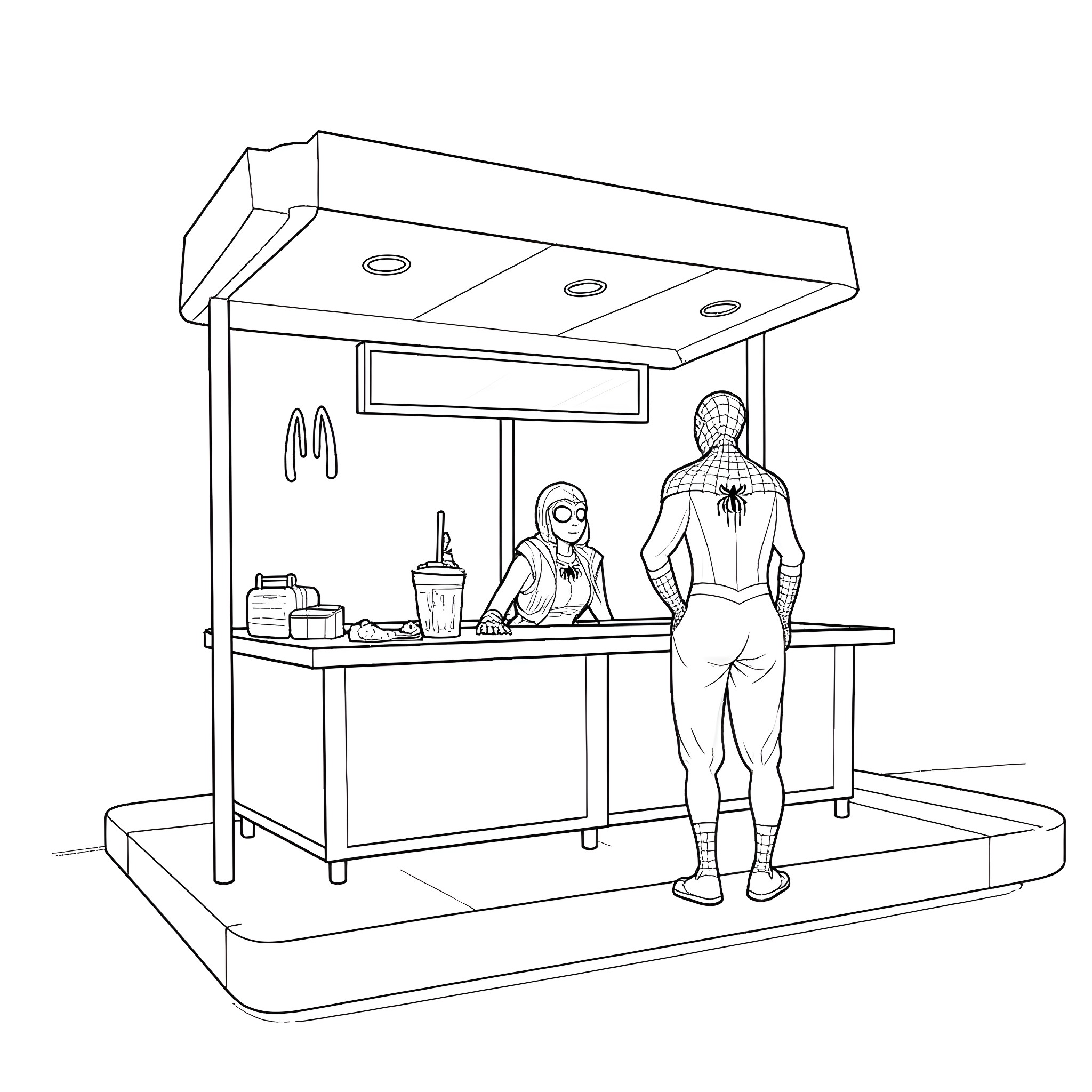 Spiderman working at a science laboratory station Coloring Page (free black-and-white line drawing printable PDF for all, from beginners to advanced learners, including children, teens, adults, and seniors)