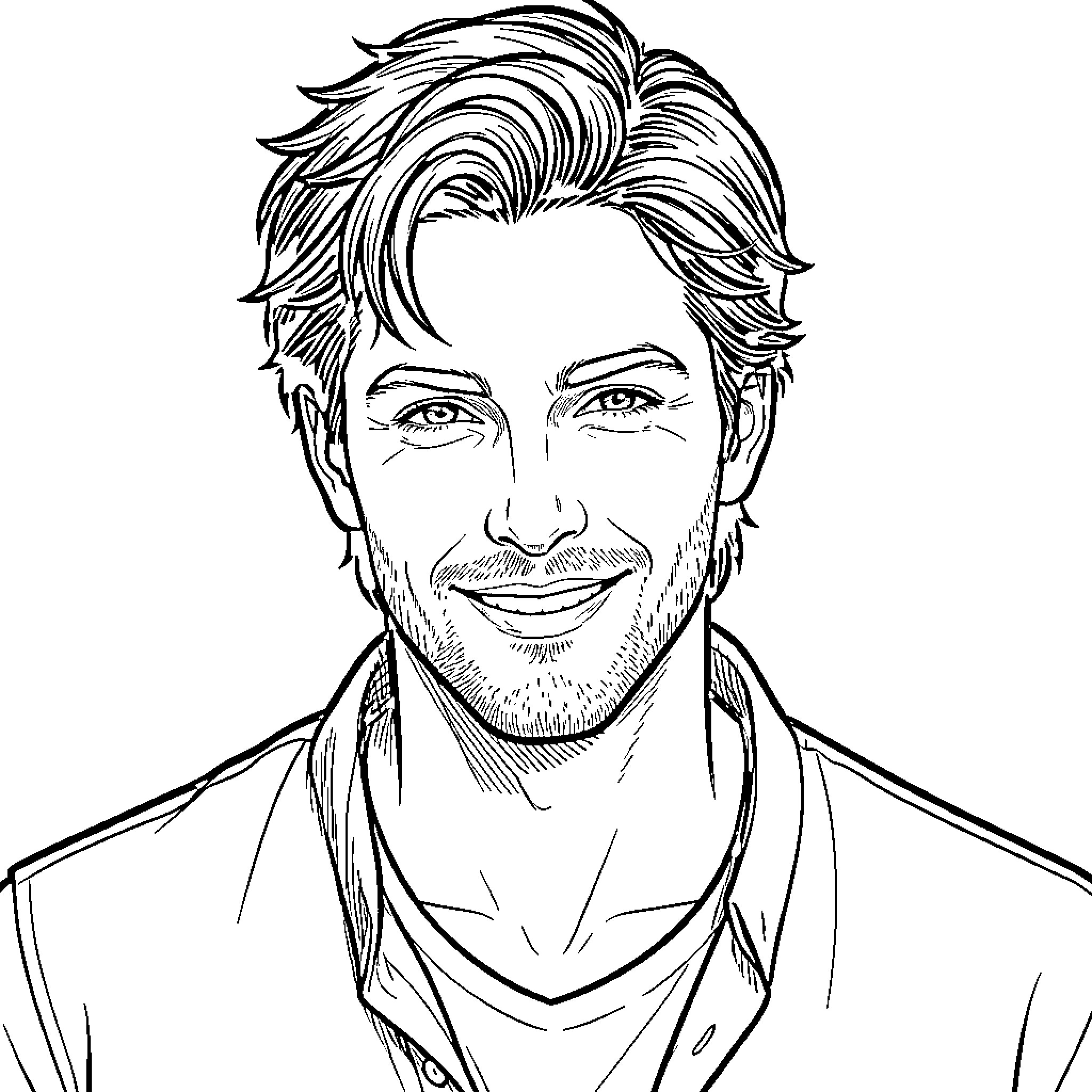 Damon Salvatore smiling warmly with a light beard Coloring Page (free black-and-white line drawing printable PDF for all, from beginners to advanced learners, including children, teens, adults, and seniors)