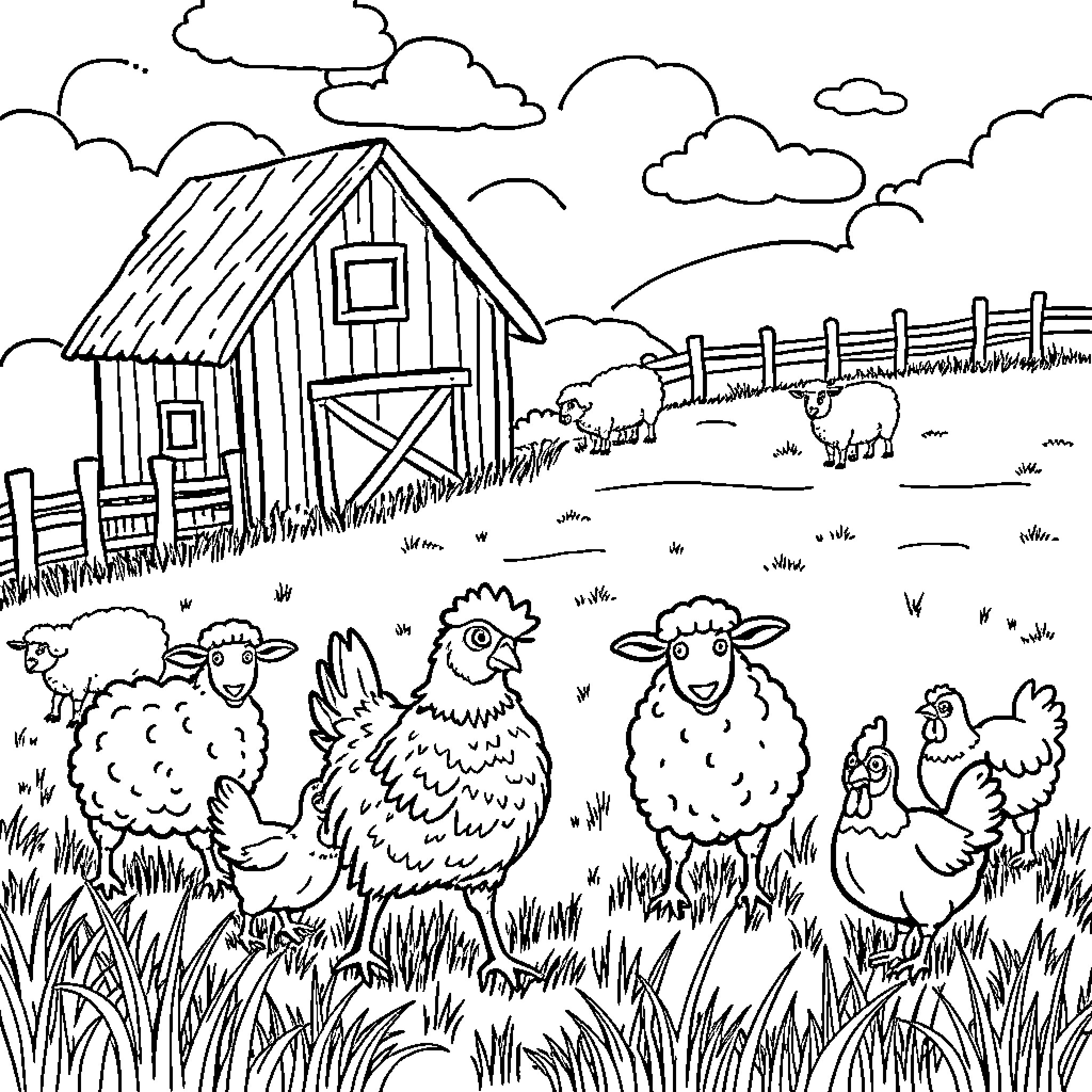Sheep and chickens on a farm near a rustic barn Coloring Page (free black-and-white line drawing printable PDF for all, from beginners to advanced learners, including children, teens, adults, and seniors)