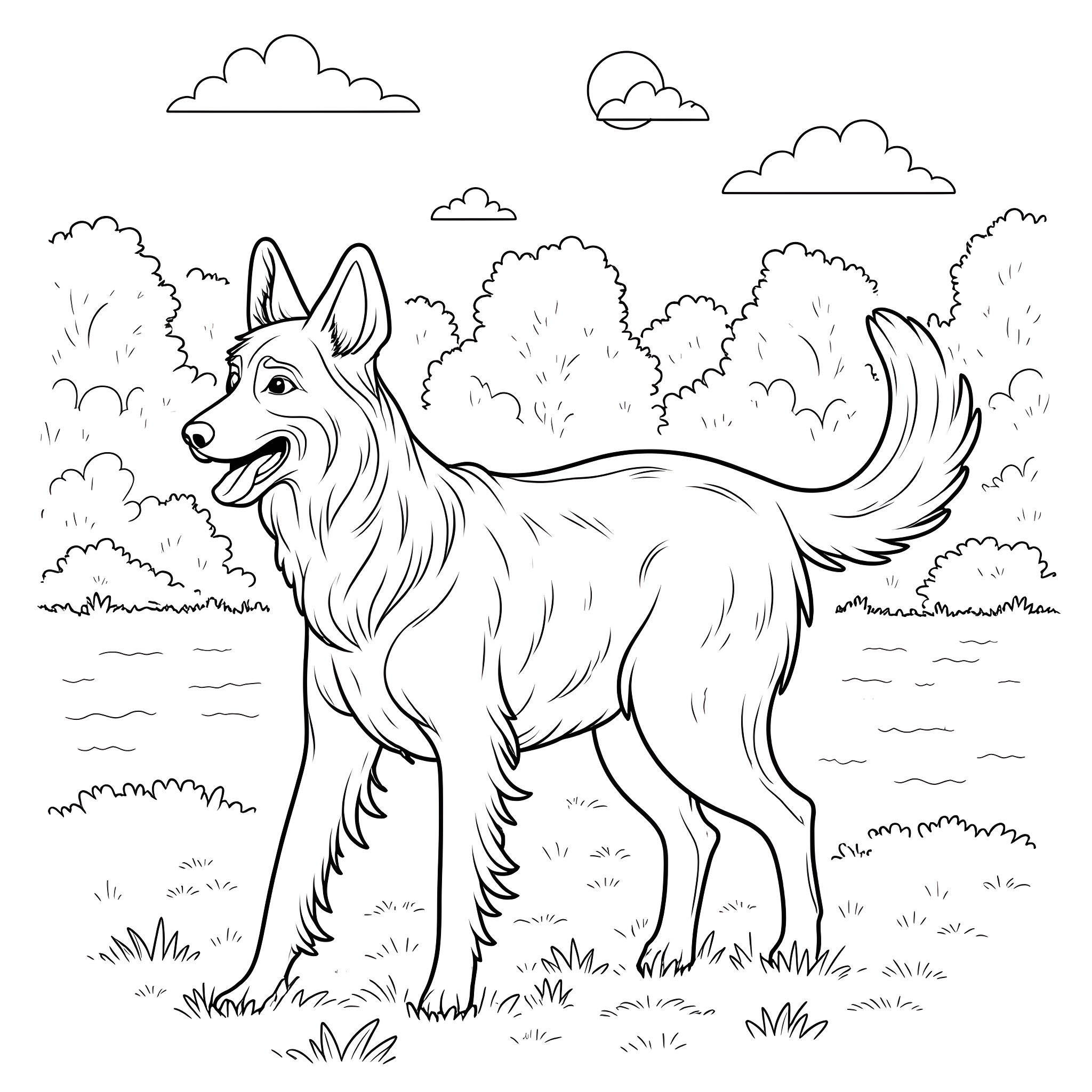 Dog standing in a grassy field Coloring Page (free black-and-white line drawing printable PDF for all, from beginners to advanced learners, including children, teens, adults, and seniors)