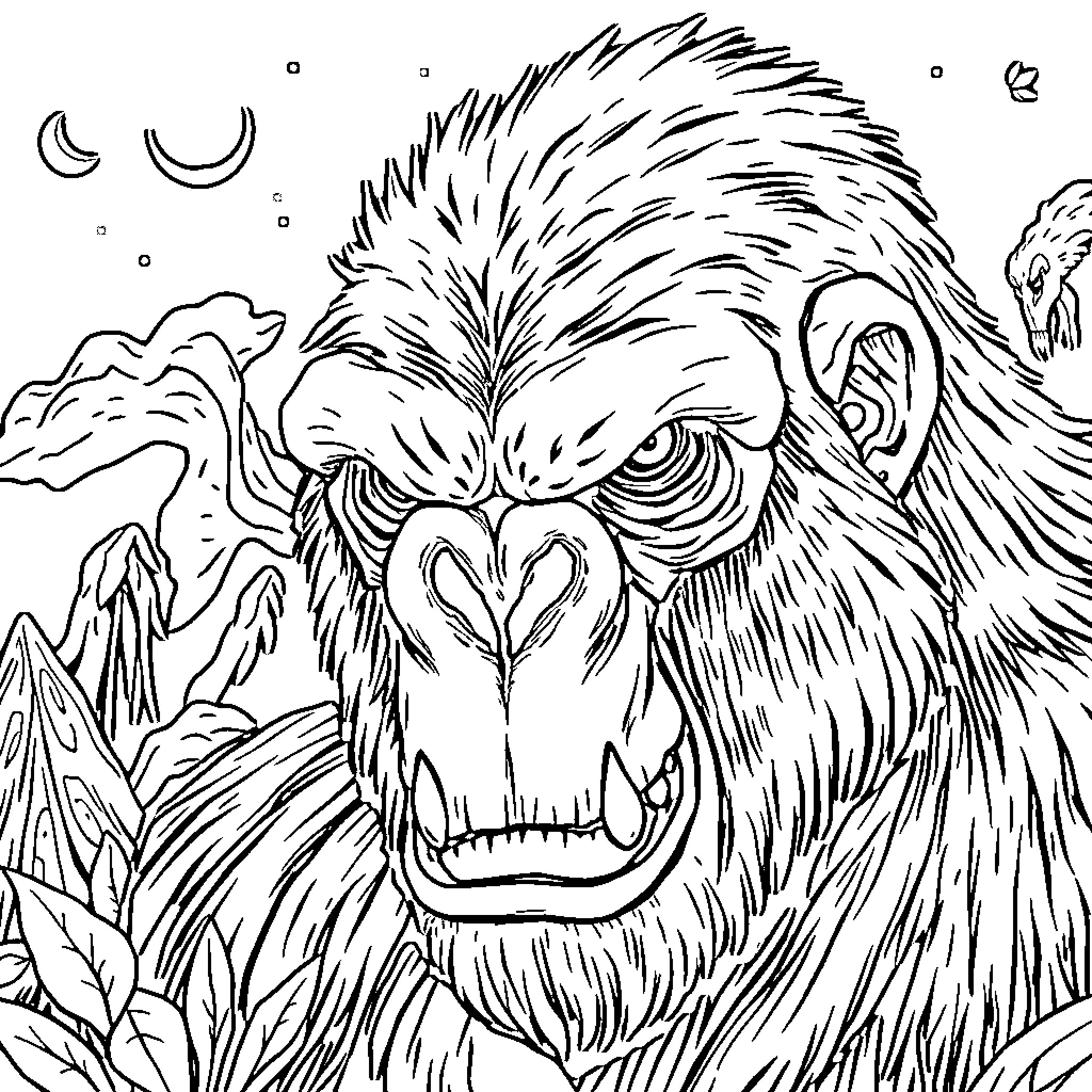 Gorilla in the Wilderness Coloring Page (free black-and-white line drawing printable PDF for all, from beginners to advanced learners, including children, teens, adults, and seniors)