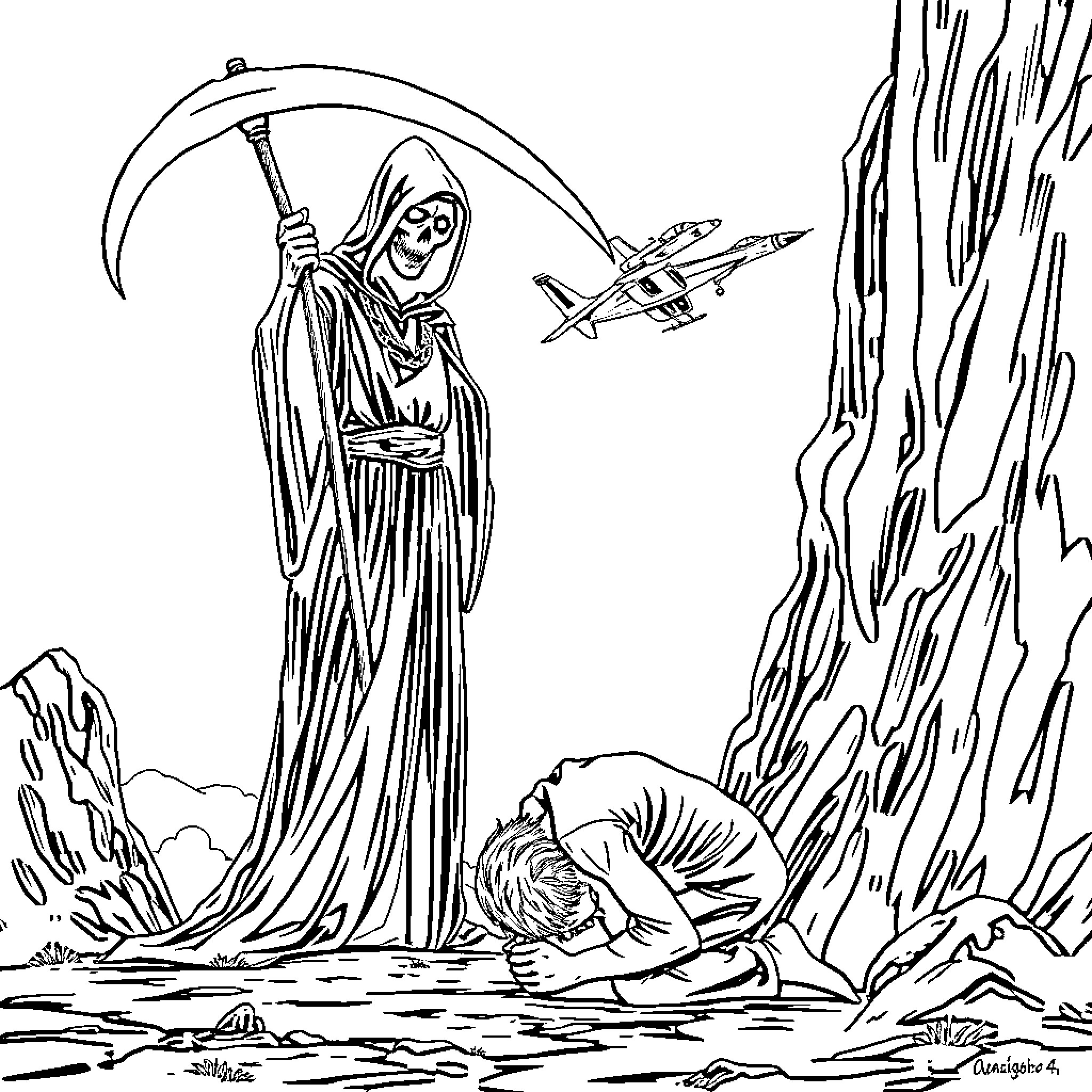 Grim Reaper looms over fallen victim as fighter jet takes flight Coloring Page (free black-and-white line drawing printable PDF for all, from beginners to advanced learners, including children, teens, adults, and seniors)