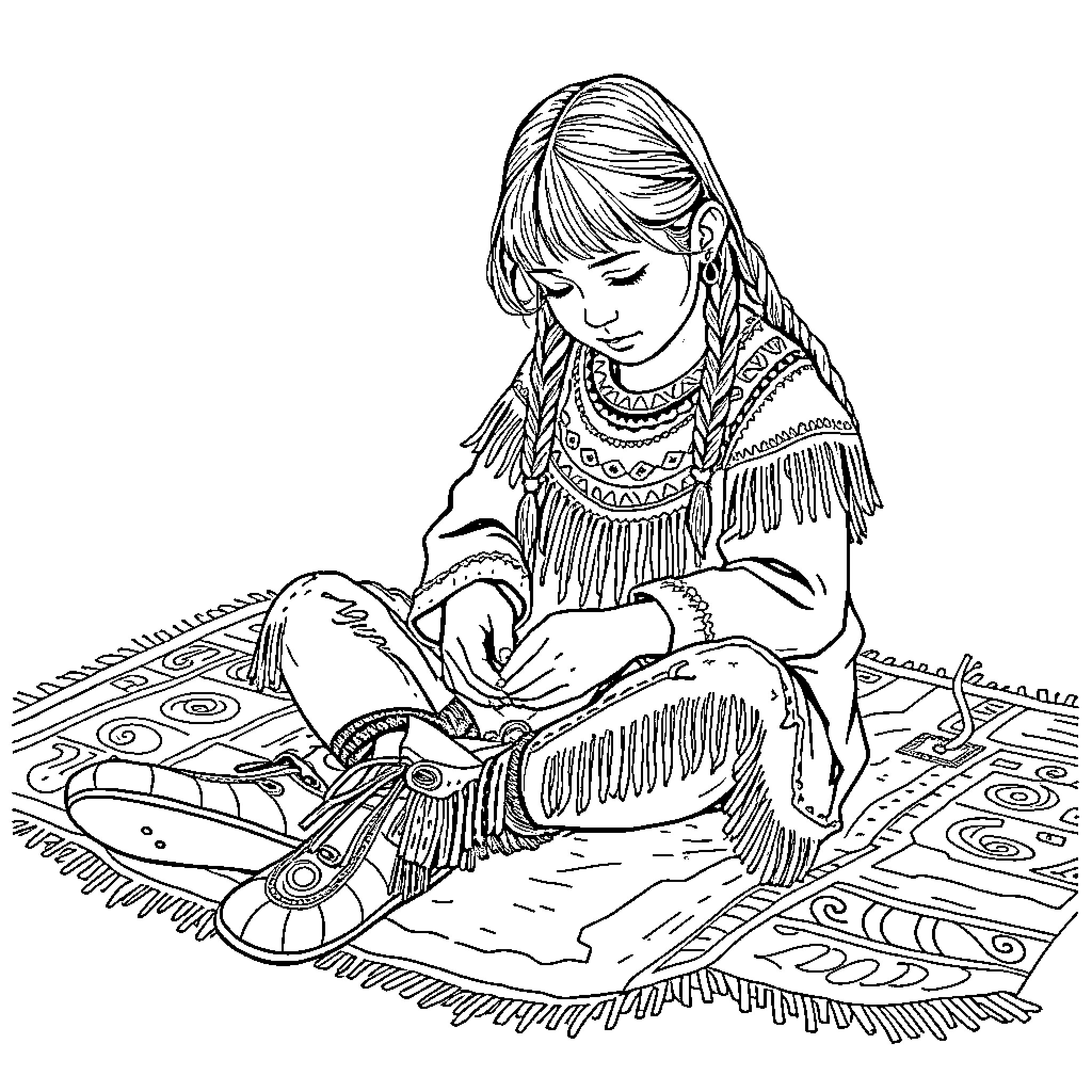 Cree Girl Sitting on Patterned Blanket Coloring Page (free black-and-white line drawing printable PDF for all, from beginners to advanced learners, including children, teens, adults, and seniors)
