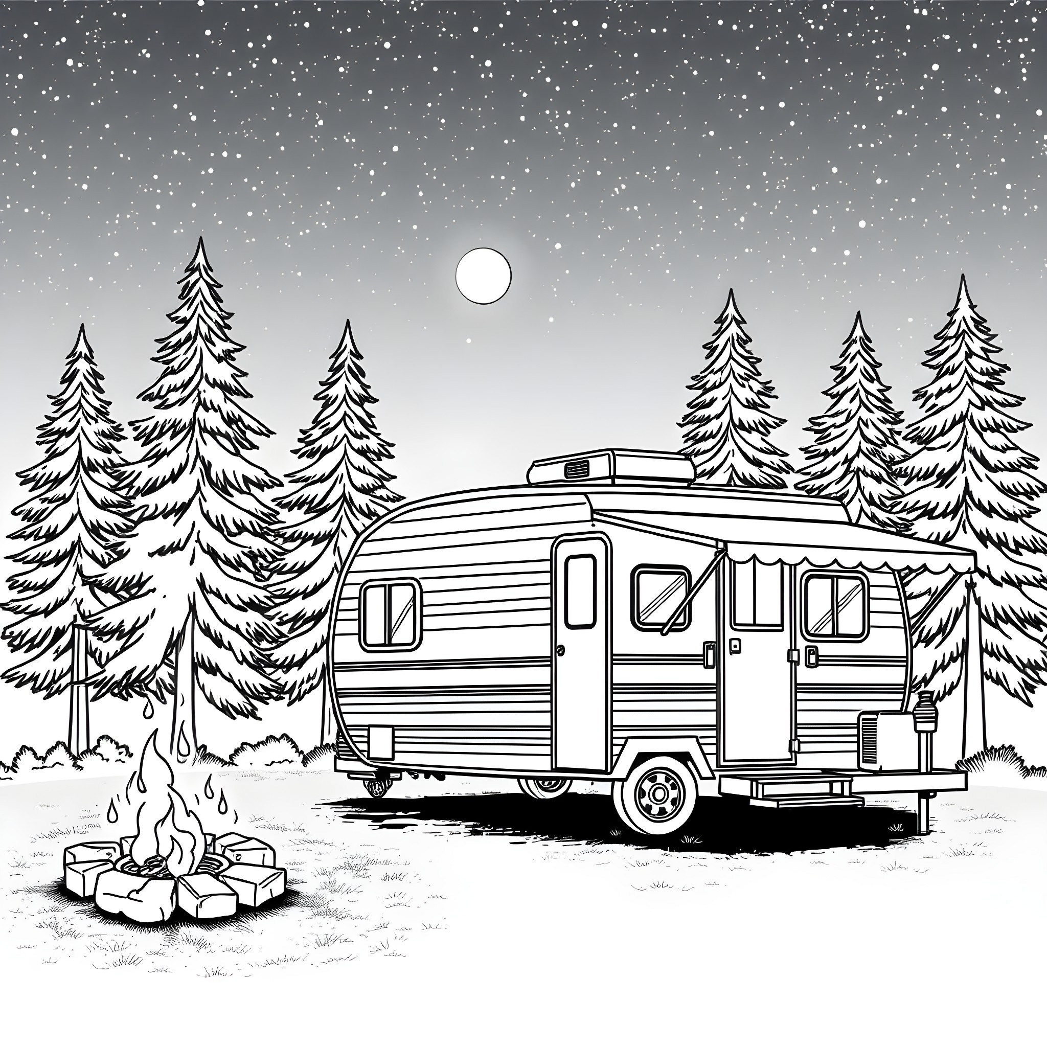 Trailer of a camper in snowy forest under starry night Coloring Page (free black-and-white line drawing printable PDF for all, from beginners to advanced learners, including children, teens, adults, and seniors)