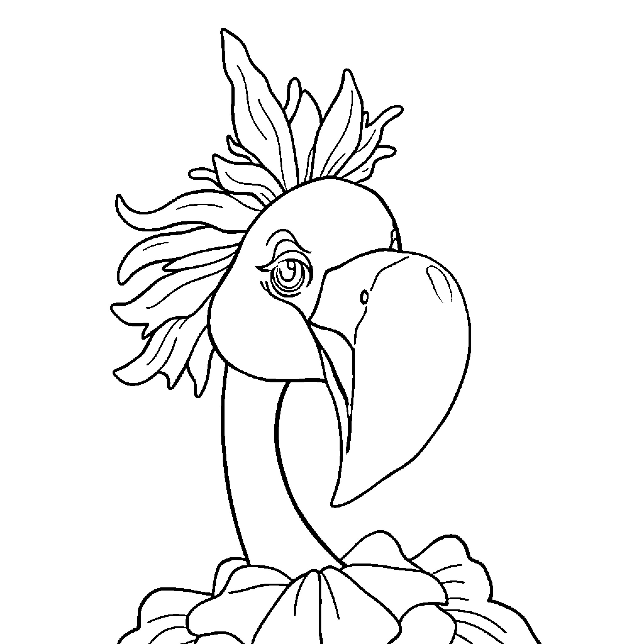 Flamingo with expressive plumage and beak Coloring Page (free black-and-white line drawing printable PDF for all, from beginners to advanced learners, including children, teens, adults, and seniors)