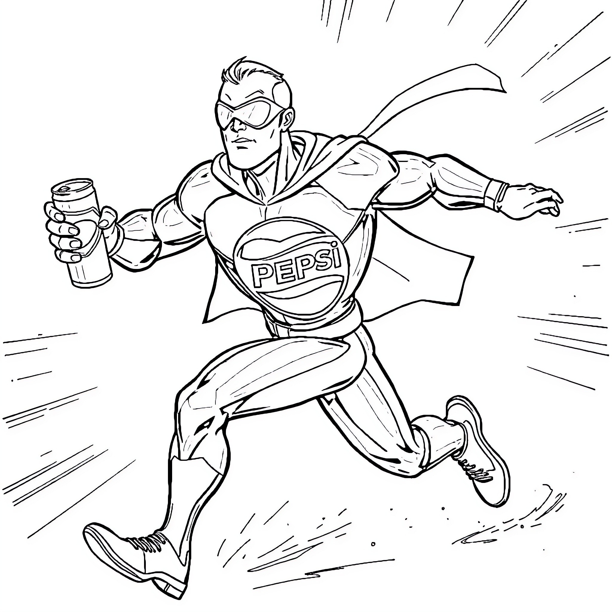 Pepsiman running with energy drink Coloring Page (free black-and-white line drawing printable PDF for all, from beginners to advanced learners, including children, teens, adults, and seniors)