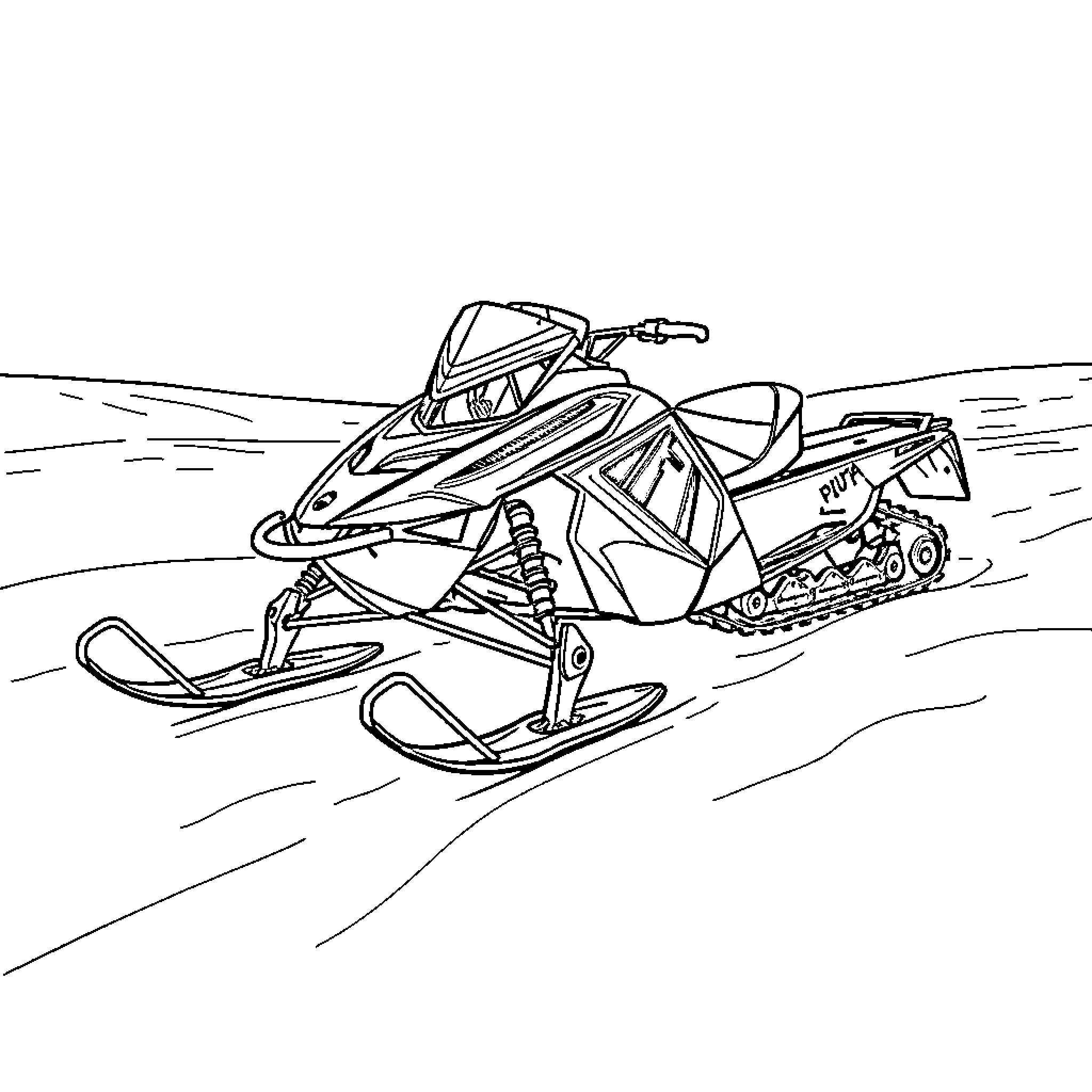 Snowmobile racing through snowy landscape Coloring Page (free black-and-white line drawing printable PDF for all, from beginners to advanced learners, including children, teens, adults, and seniors)