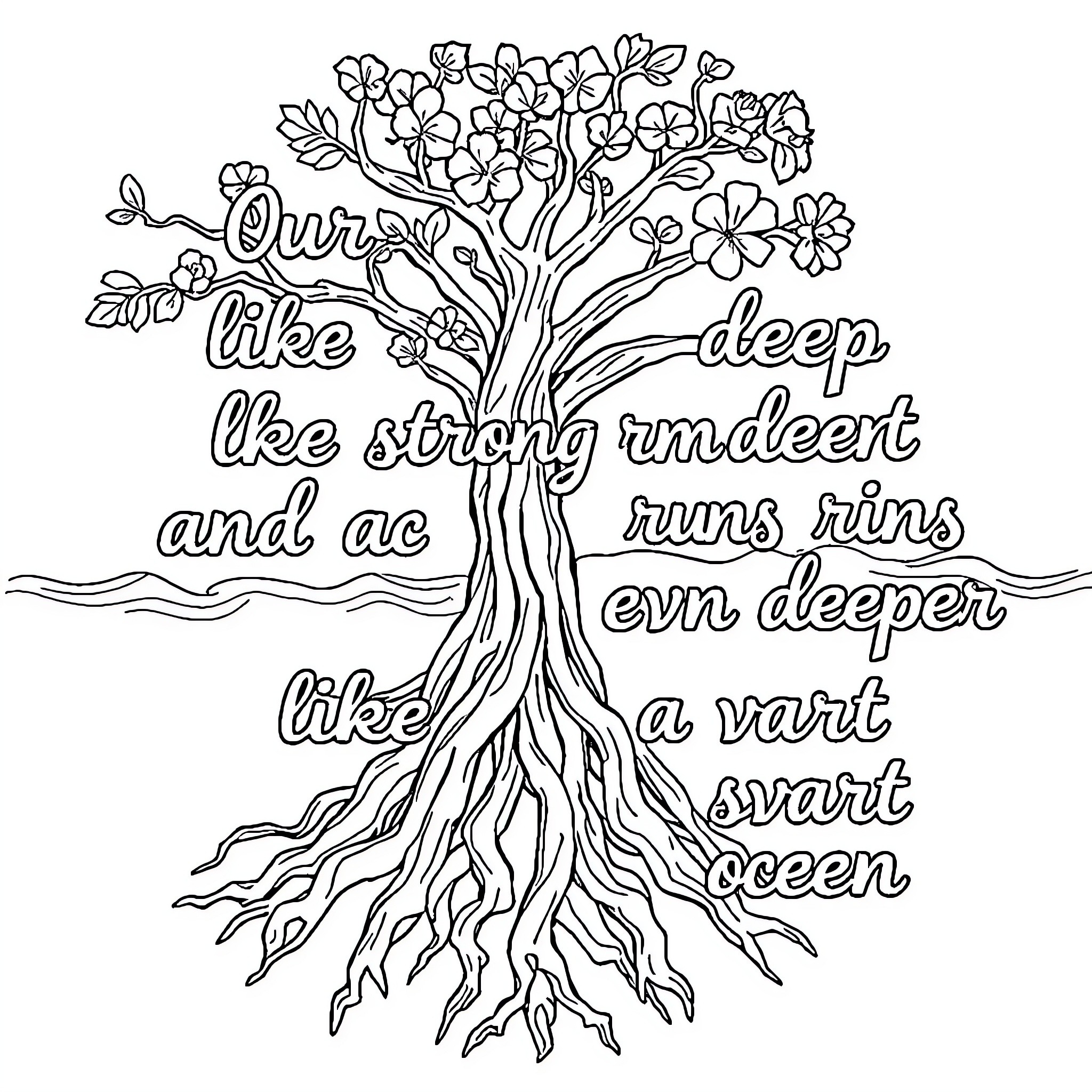 Roots grow strong and deep like an ancient tree Coloring Page (free black-and-white line drawing printable PDF for all, from beginners to advanced learners, including children, teens, adults, and seniors)