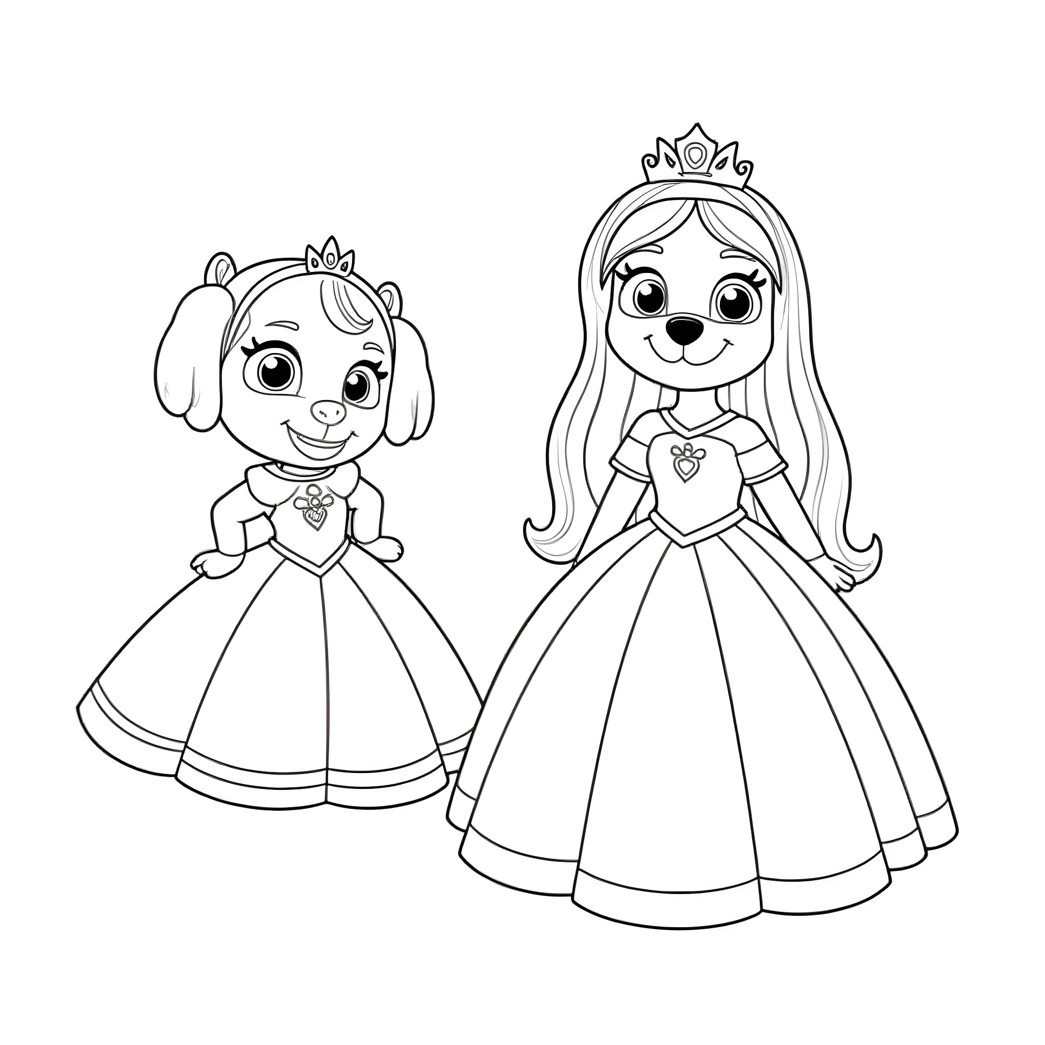 Paw Patrol Princesses in Fancy Attire Coloring Page (free black-and-white line drawing printable PDF for all, from beginners to advanced learners, including children, teens, adults, and seniors)