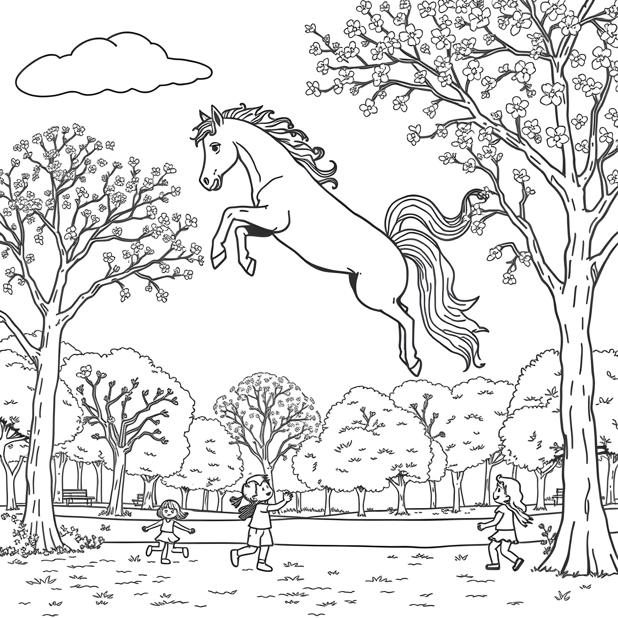 Pony jumping joyfully in a lush forest landscape Coloring Page (free black-and-white line drawing printable PDF for all, from beginners to advanced learners, including children, teens, adults, and seniors)