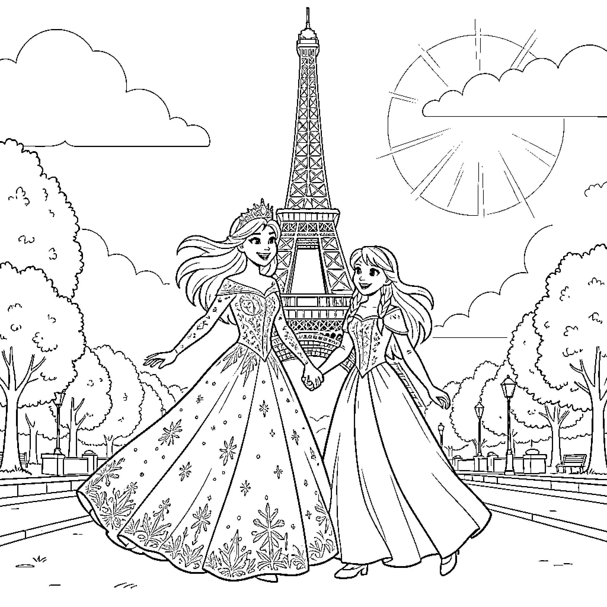 Queen's Elegant Encounter in Parisian Splendor Coloring Page (free black-and-white line drawing printable PDF for all, from beginners to advanced learners, including children, teens, adults, and seniors)