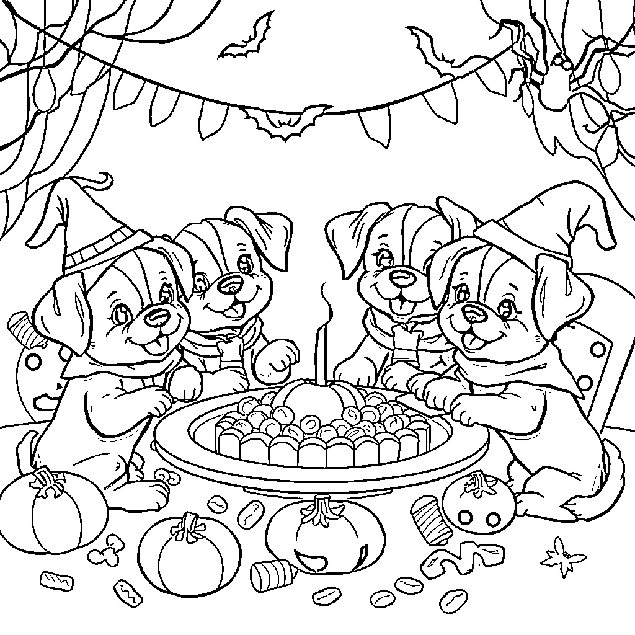 Puppy birthday party with cake and decorations Coloring Page (free black-and-white line drawing printable PDF for all, from beginners to advanced learners, including children, teens, adults, and seniors)