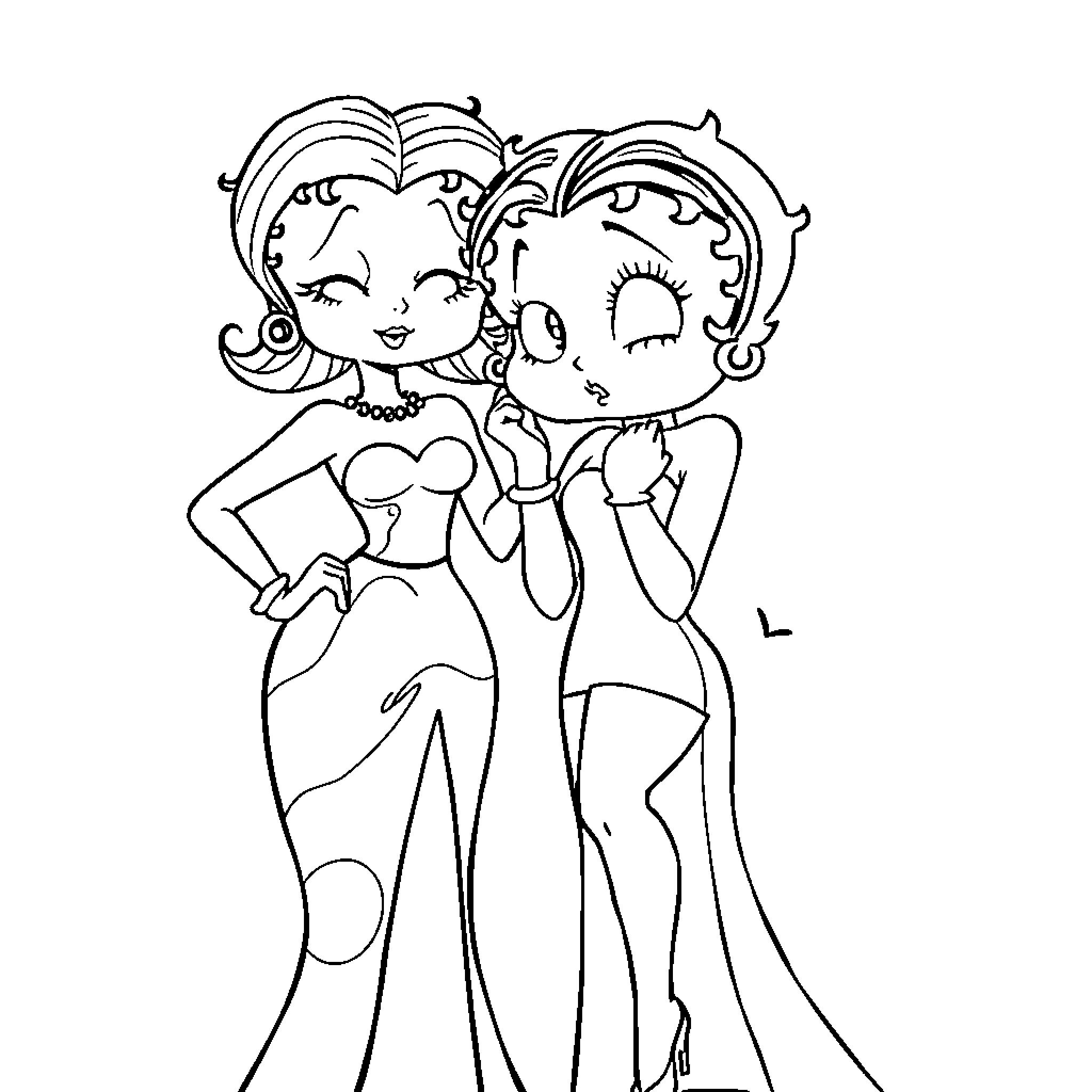 Betty Boop and Friend in Glamorous Attire Coloring Page (free black-and-white line drawing printable PDF for all, from beginners to advanced learners, including children, teens, adults, and seniors)