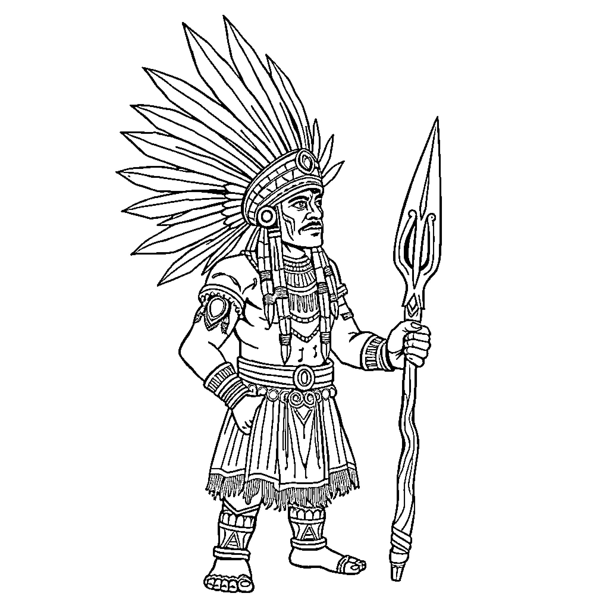 Aztec Warrior Standing with Spear and Ornate Headdress Coloring Page (free black-and-white line drawing printable PDF for all, from beginners to advanced learners, including children, teens, adults, and seniors)